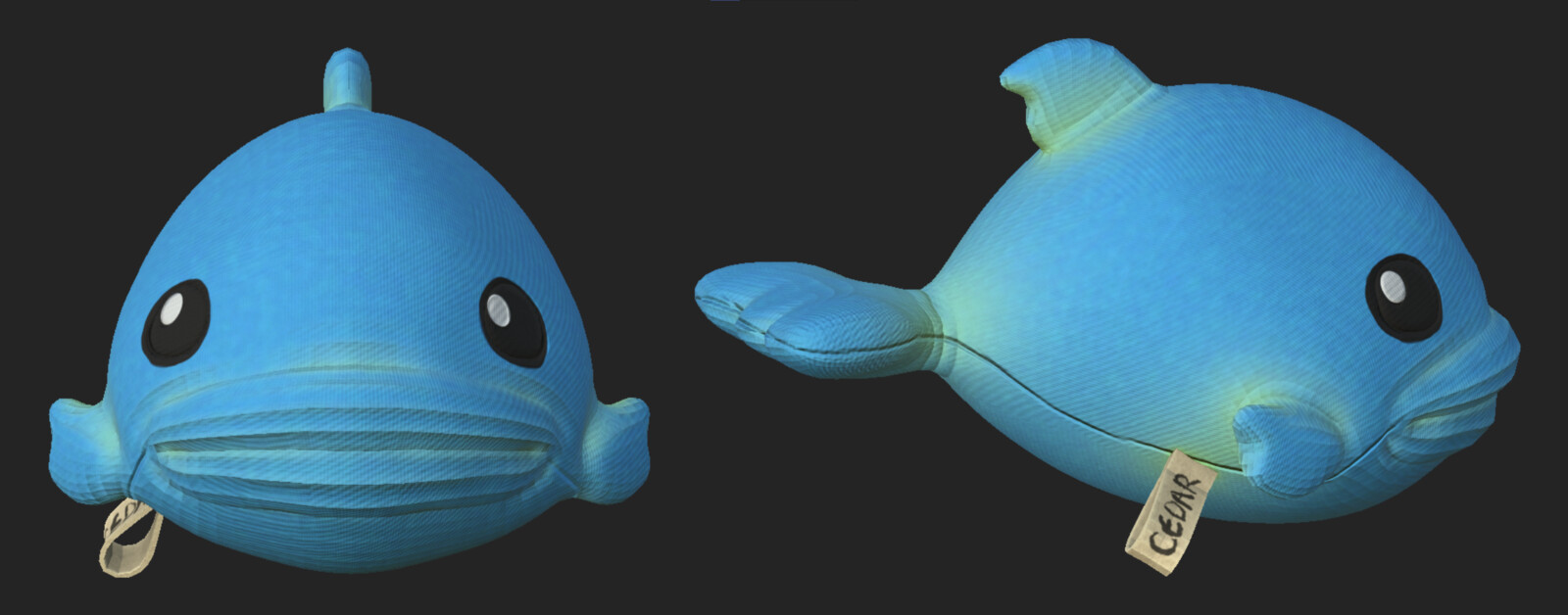 Front, 3/4 and side views of textured plush toy