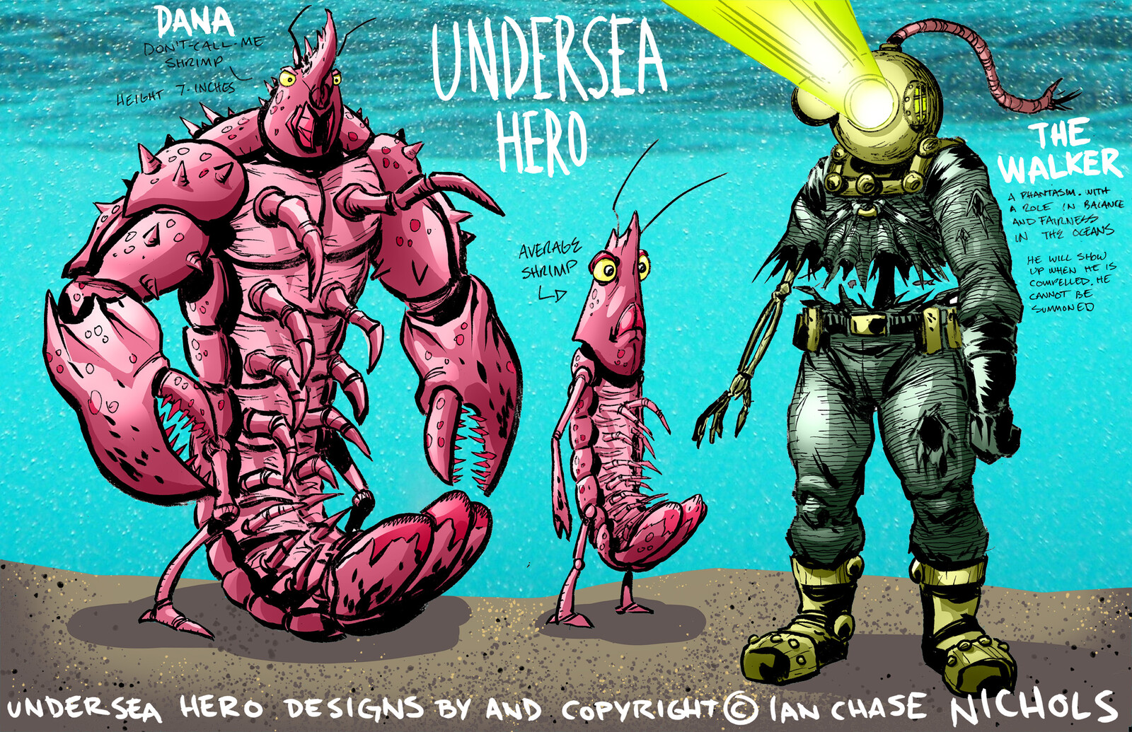 Character designs for my creator-owned comic, UNDERSEA HERO. One of the questions I ask at the onset of a new character idea is, "Do they HAVE to be human? If so, why?"
© Ian Chase Nichols
