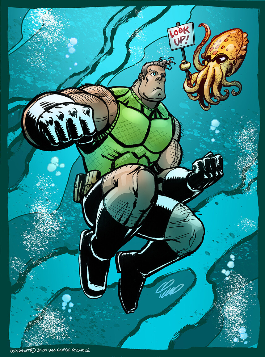 Character designs for my creator-owned comic, UNDERSEA HERO. Lord Krakus is a master of subtlety. 
© Ian Chase Nichols