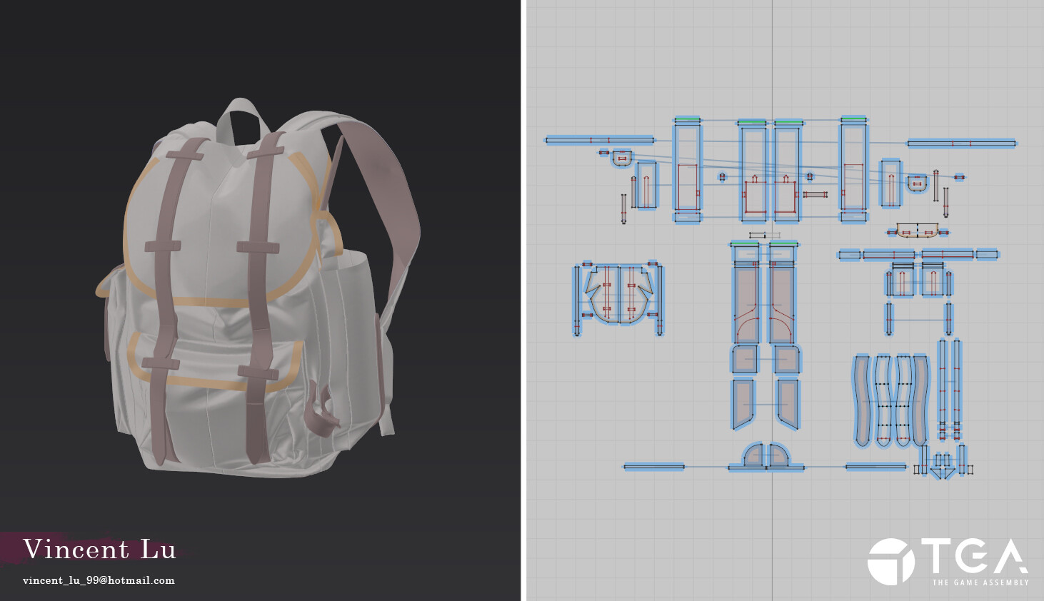 My Marvelous Designer project. It was a real challenge to reverse engineer the pattern for this particular backpack! I keep everything divided into left and right to save myself from too much pain when exporting it to ZBrush.