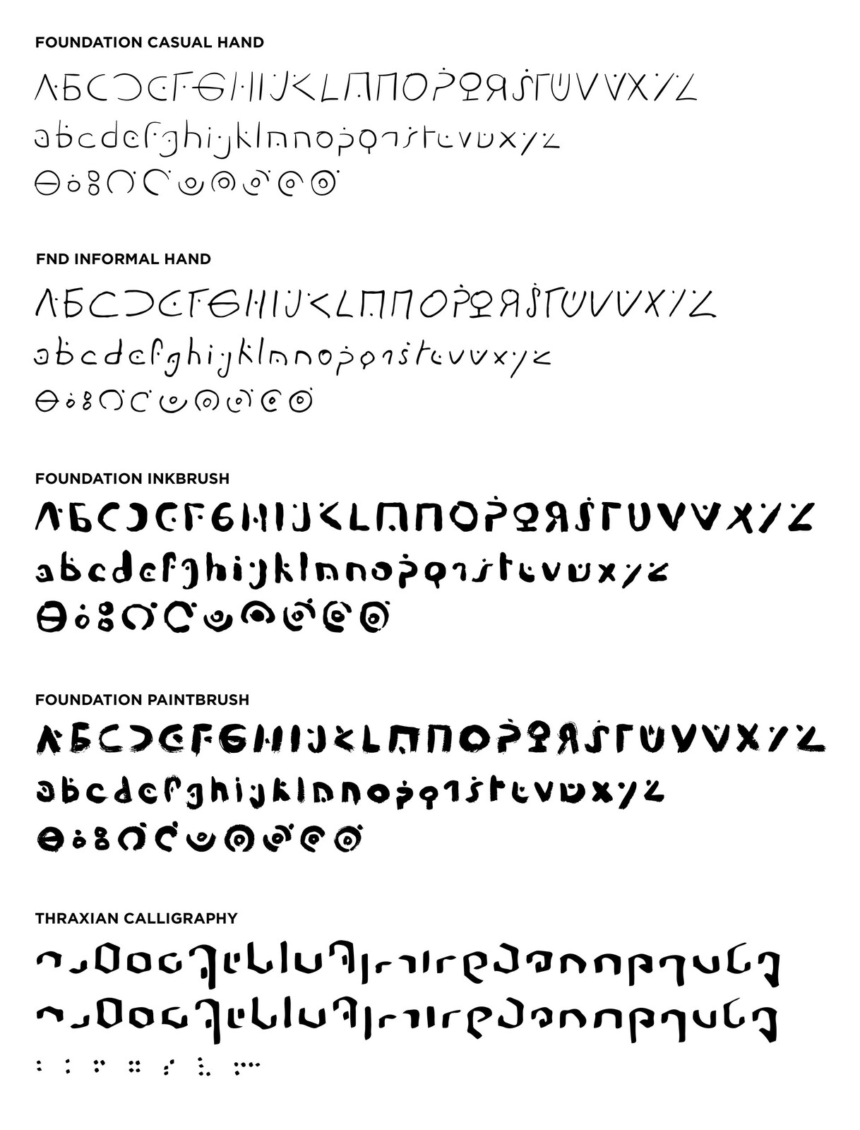 Each glyph has multiple versions  with slight differences, making a body of text appear to be naturally written by hand.