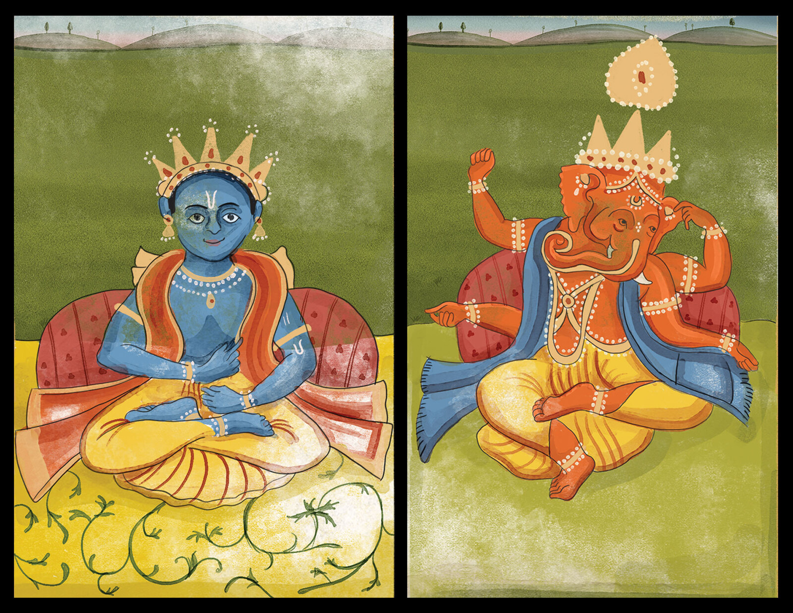 Paintings depicting the Krishna and Ganesh avatars.