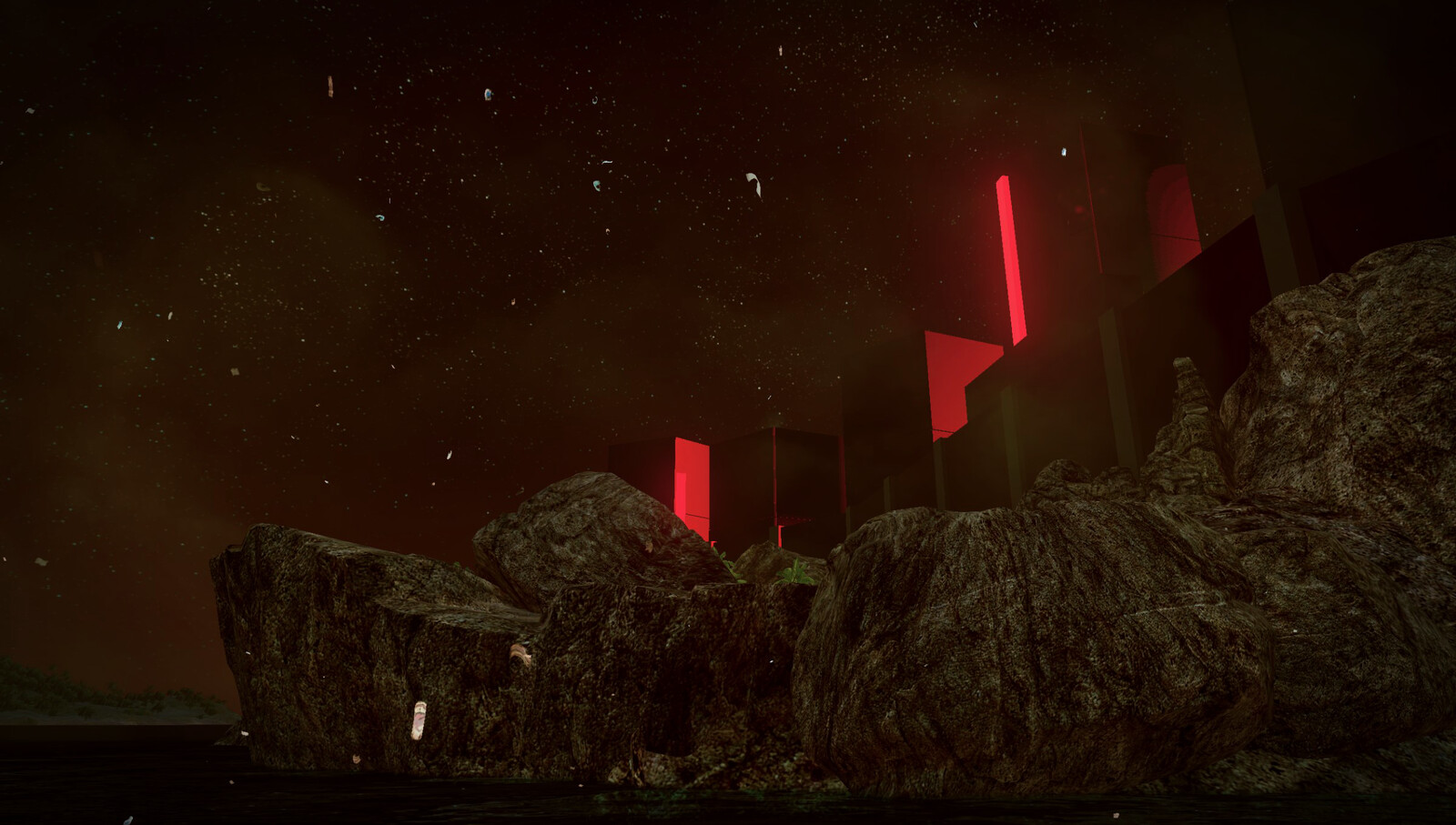 View of 'island' with bar obscured to highlight buildings sticking up over wall

An emmisive red object/light is being used adjacent to the cube-map coordinates to create a red reflection from certain angles.