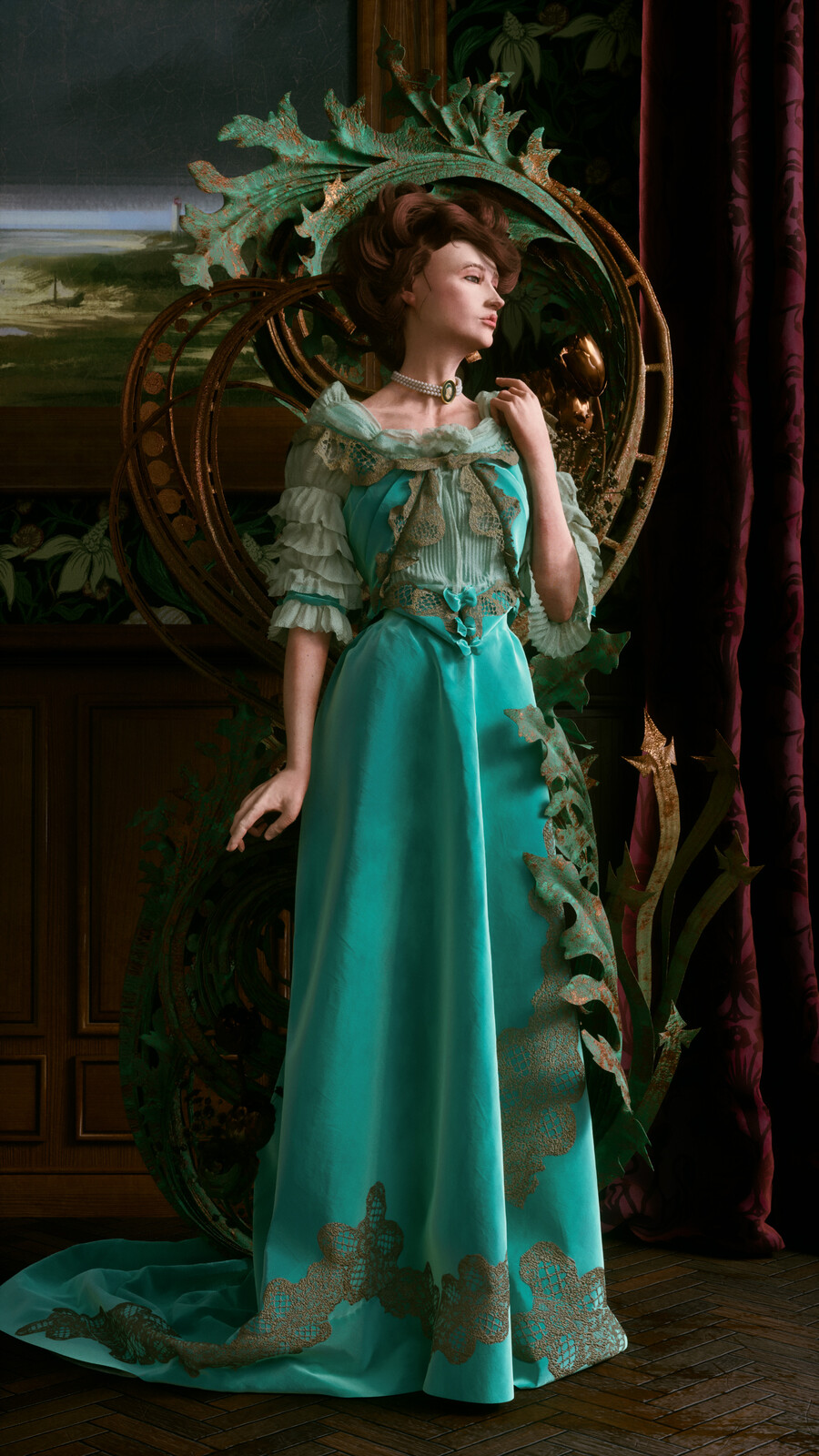 Two-piece evening gown consisting of gown and train