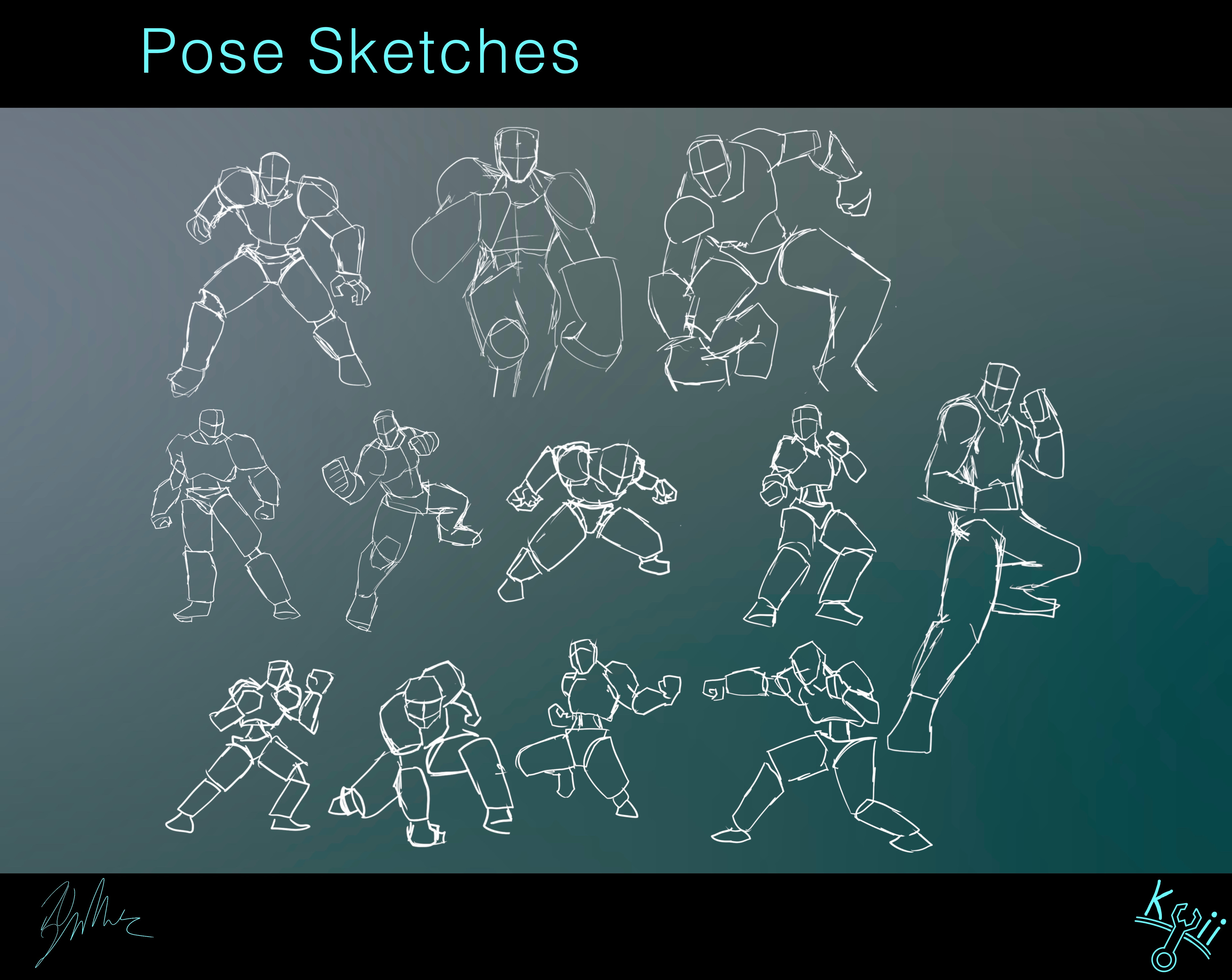 Pose sketches trying to find a dynamic pose that the character would do well with. Poses are referenced from many things but mostly from things depicting characters that fight with their fists.