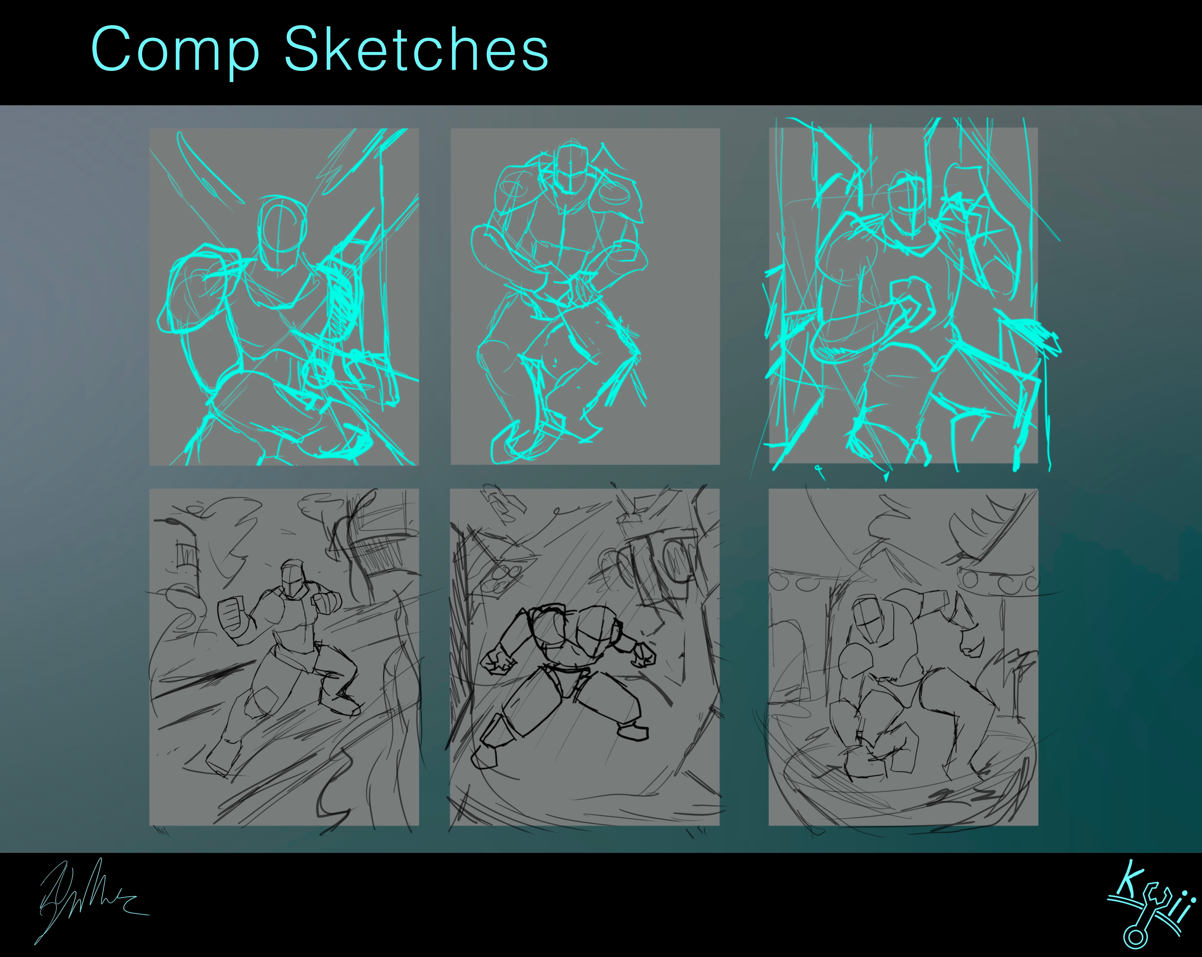 Here are composition and pose sketches that helped me work through dynamics of some vertical compositions while keeping a focus on character and environment
