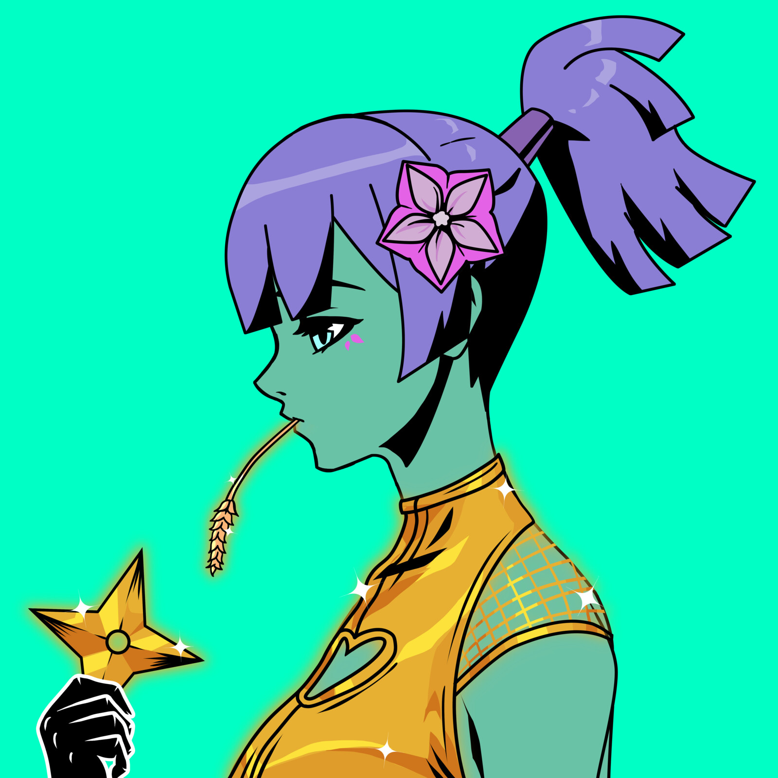 Purple Hair, Ponytail, Green Skin, Rare Shuriken and Gold Shirt, Generated Art for King Crown DAO.