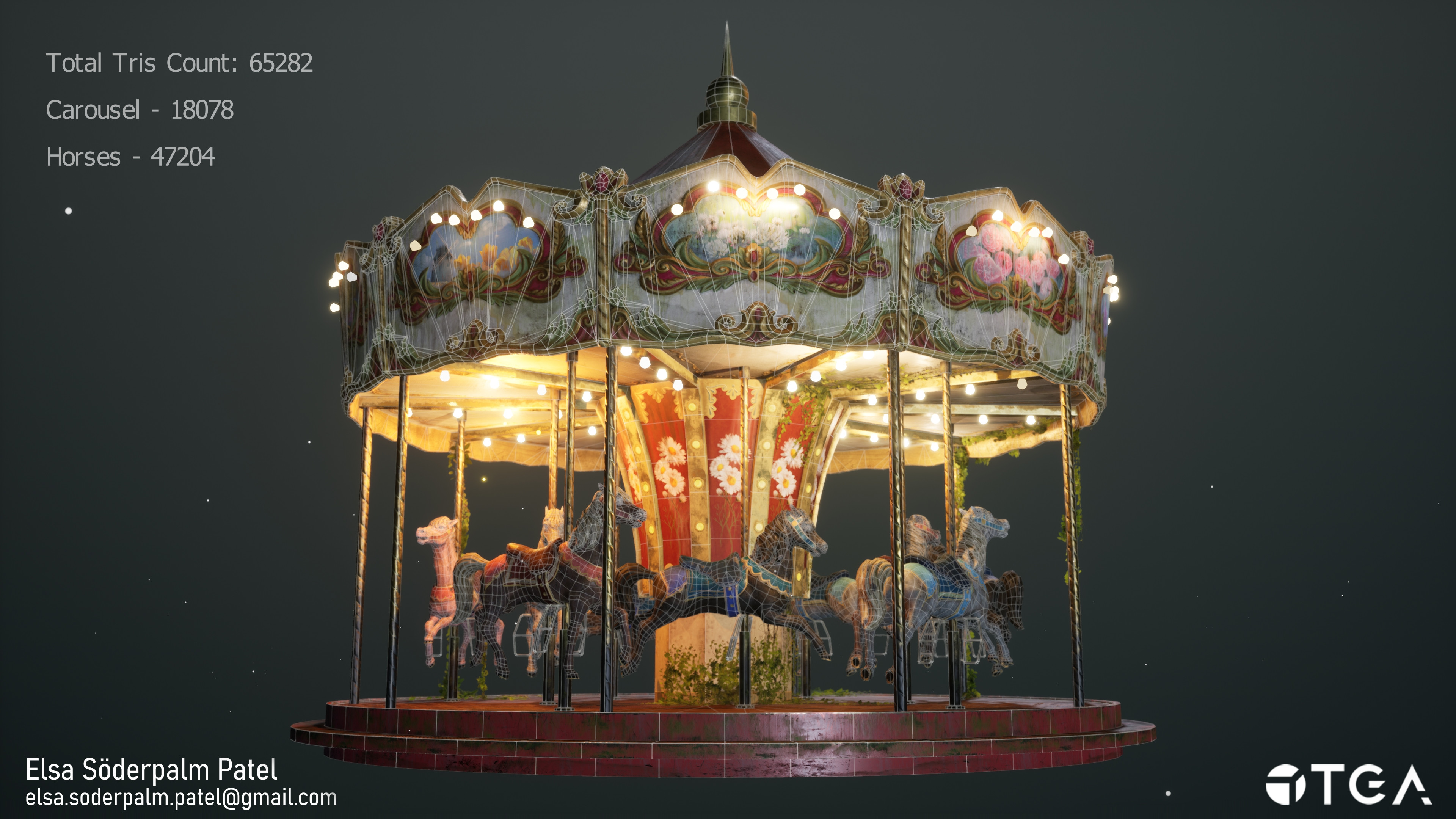 Total tris count is 65282 tris.
The carousel shell cost 18078 tris and all the carousel horses and their poles cost 47204 together.