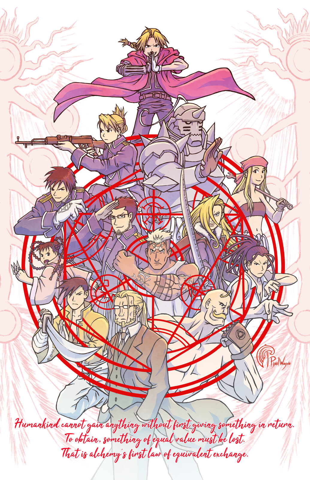Edward Elric, Riza Hawkeye, Alphonse Elric, Roy Mustang, Maes Hughes, Olivier Armstrong, Winry Rockbell, Mei Chang, Scar, Izumi Curits, Ling Yao, Van Hohenheim, and Alex Armstrong from Fullmetal Alchemist