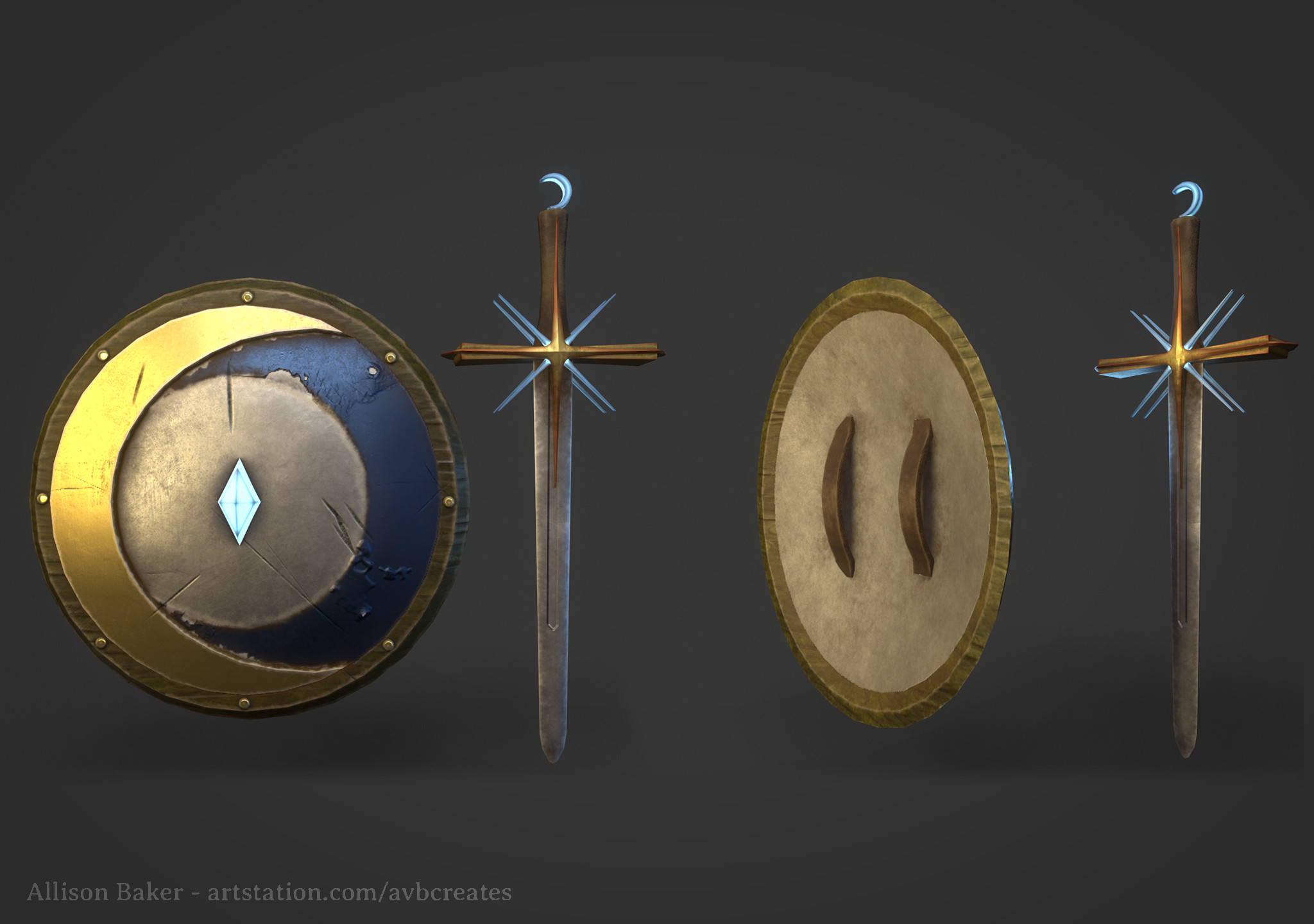 Sword and Shield details. Wood, leather, metal, and magical crystals prepare the user for battle.