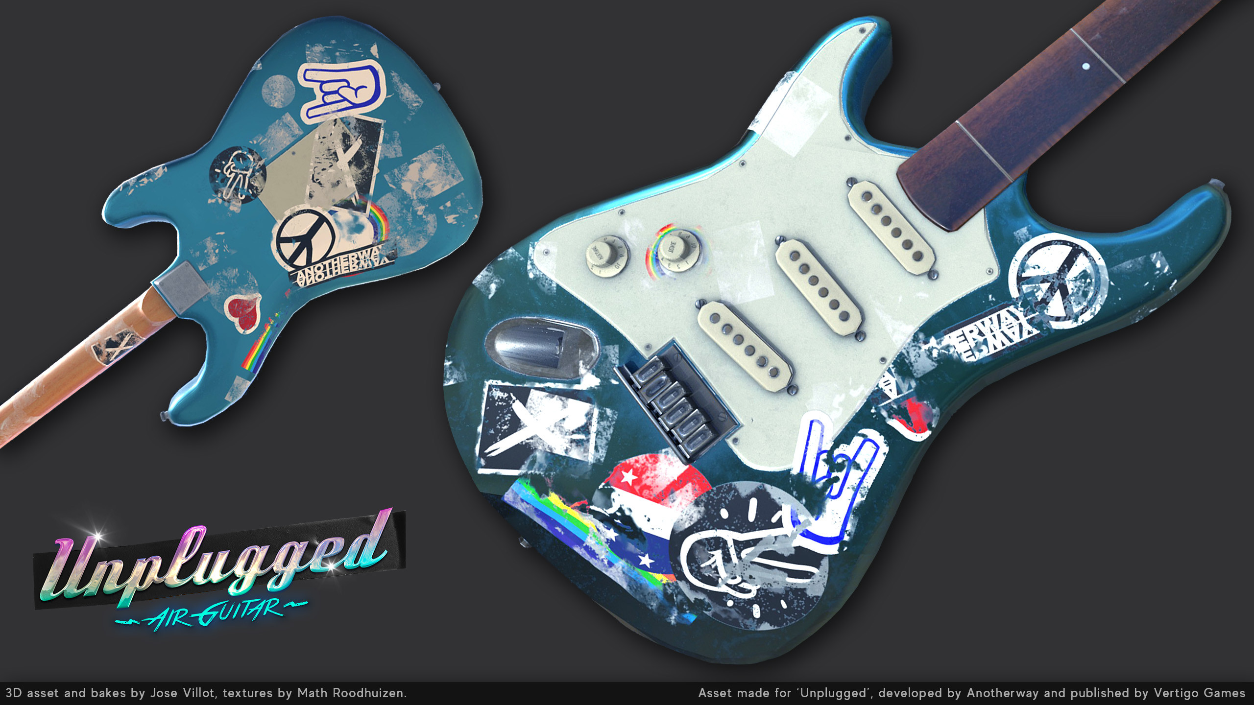 This guitar was already mostly textured, and I was asked to make it look more used and adding things like stickers. Fun little addition from me is the 'Anotherway' sticker that is also readable in leftie-mode. 