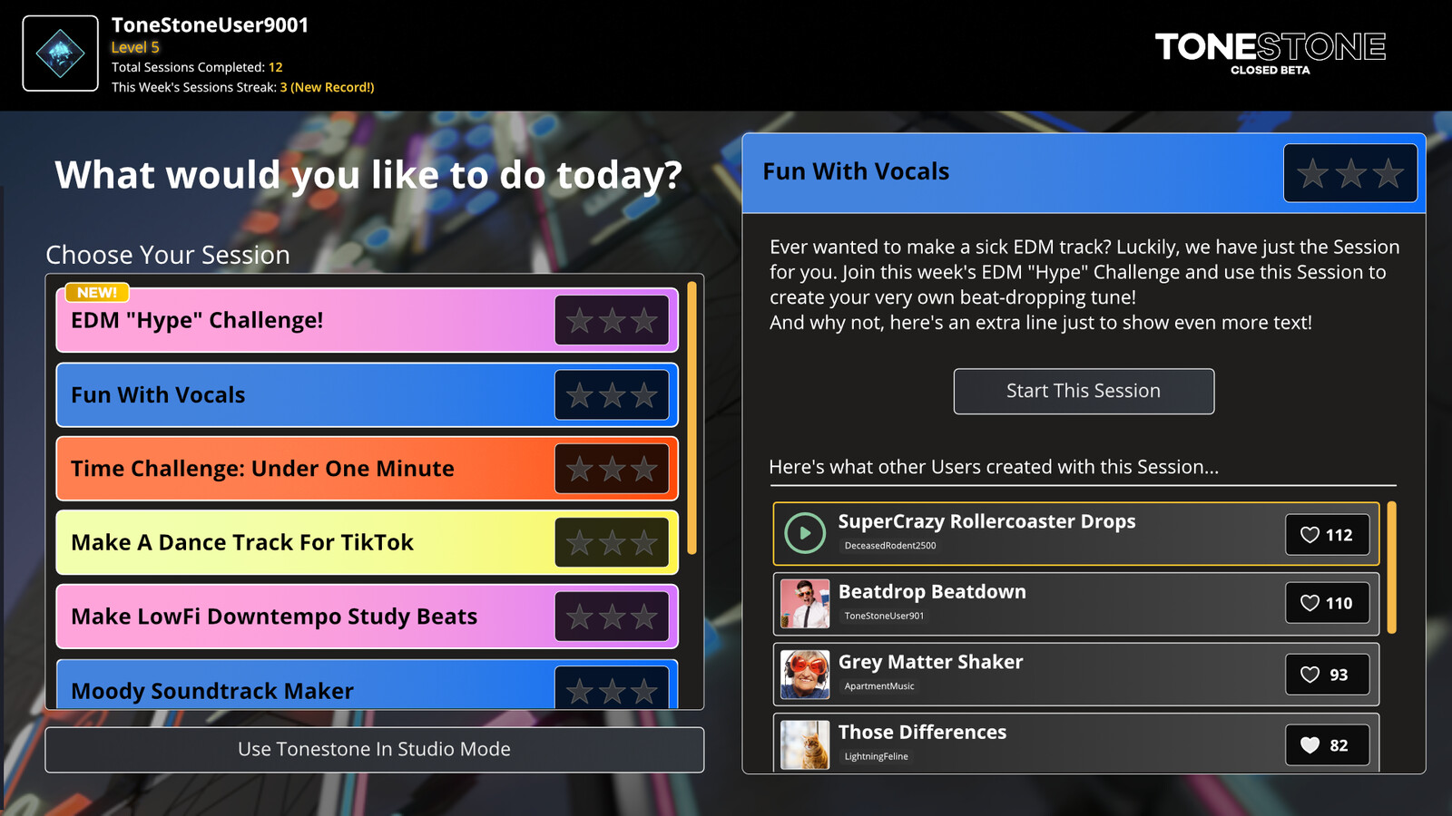 (1) Second set of mockups for revised v1 dashboard, including new accent highlight colors. Two panels, one with the 'session' list and one to highlight the selected session.