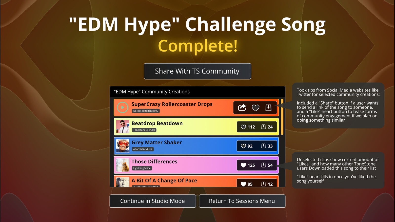 Mockup for end screen/session completion screen, including callouts to implement theoretical social sharing feature and how that would be implemented into UI.