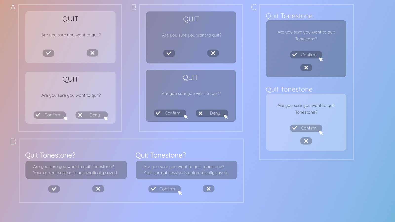 (2) Refined mockup designs for new Glass style UI for Tonestone's V2 art direction. Popup panel options.