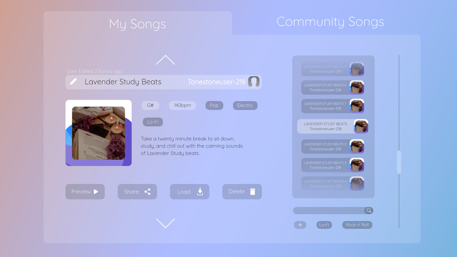 (3) Refined mockup designs for new Glass style UI for Tonestone's V2 art direction. Song/Session select screen.