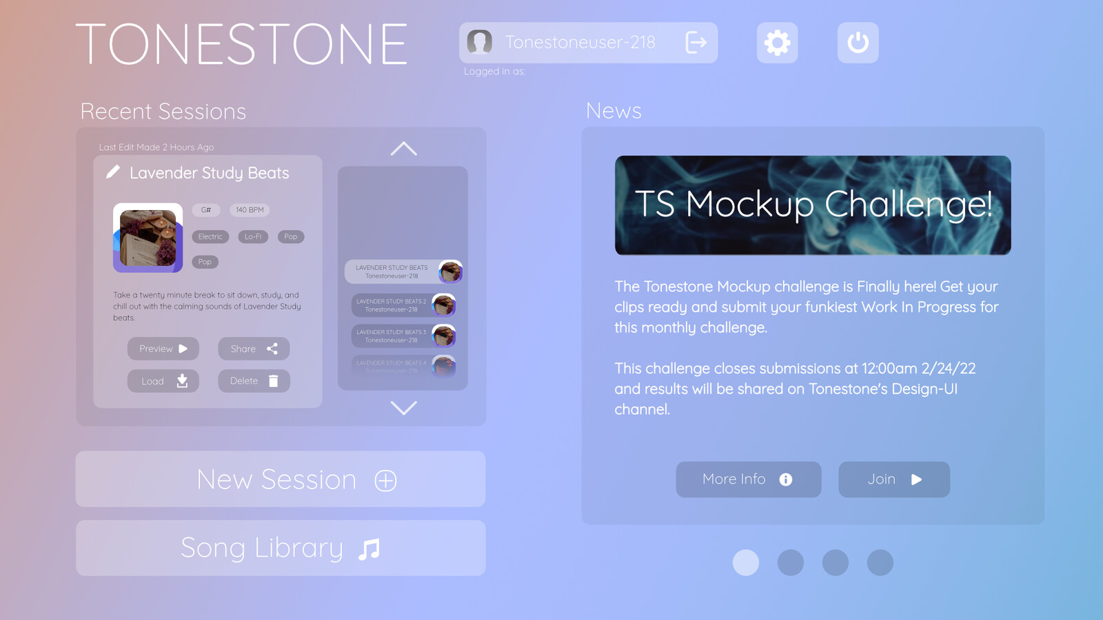 (4) Refined mockup designs for new Glass style UI for Tonestone's V2 art direction. Dashboard/Home screen.