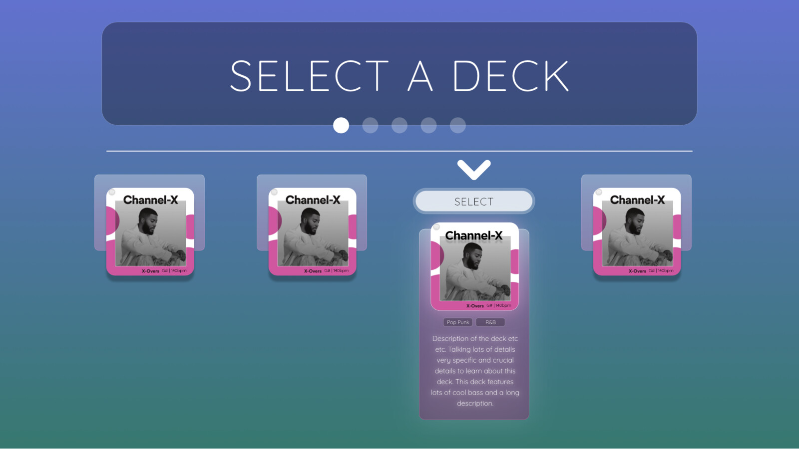 (3) Mockup of V2's song/deck selection screen. V2 refactor involved a lot of exploration with color gradients and glass style UI shapes.