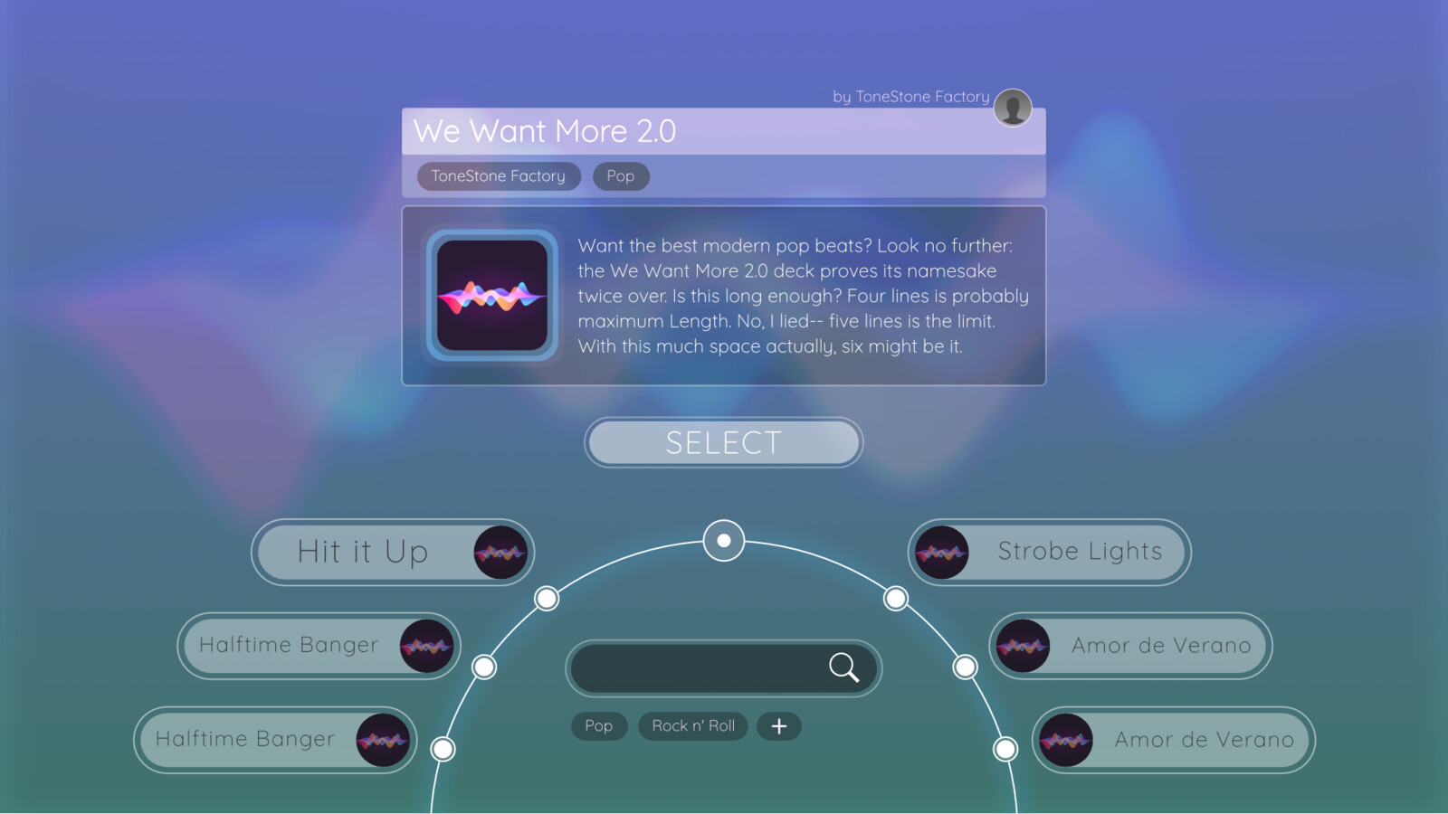 (2) Mockup of V2's song/deck selection screen. V2 refactor involved a lot of exploration with color gradients and glass style UI shapes.