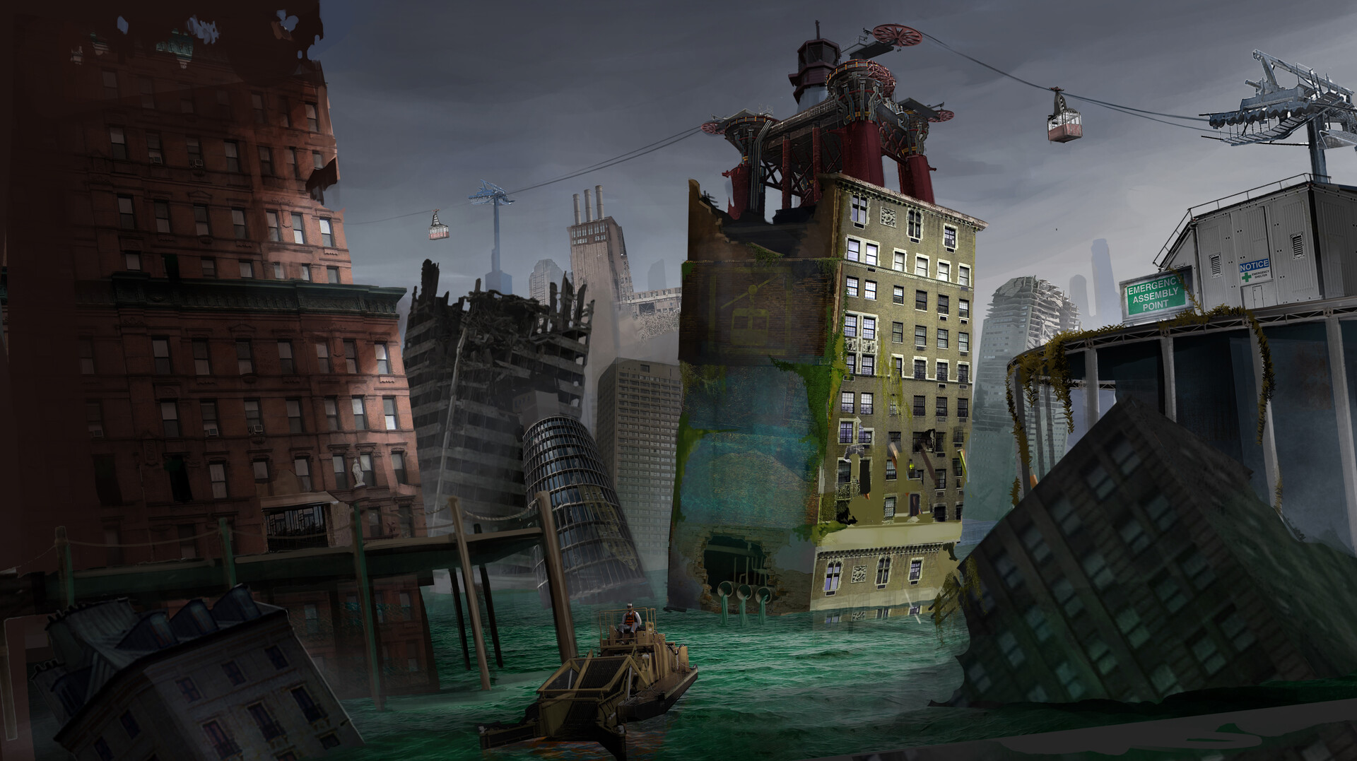telecabins going to and from a platform atop a ruined towerblock, sunken into an emerald sea