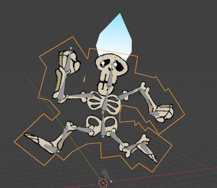 The character is made of planes attached to an armature, since it's a pixelated 2d game, modelling an actual skeleton would be a waste. The flame on its head uses vertex alpha to determine the color of the material and also to mask the vertex movement