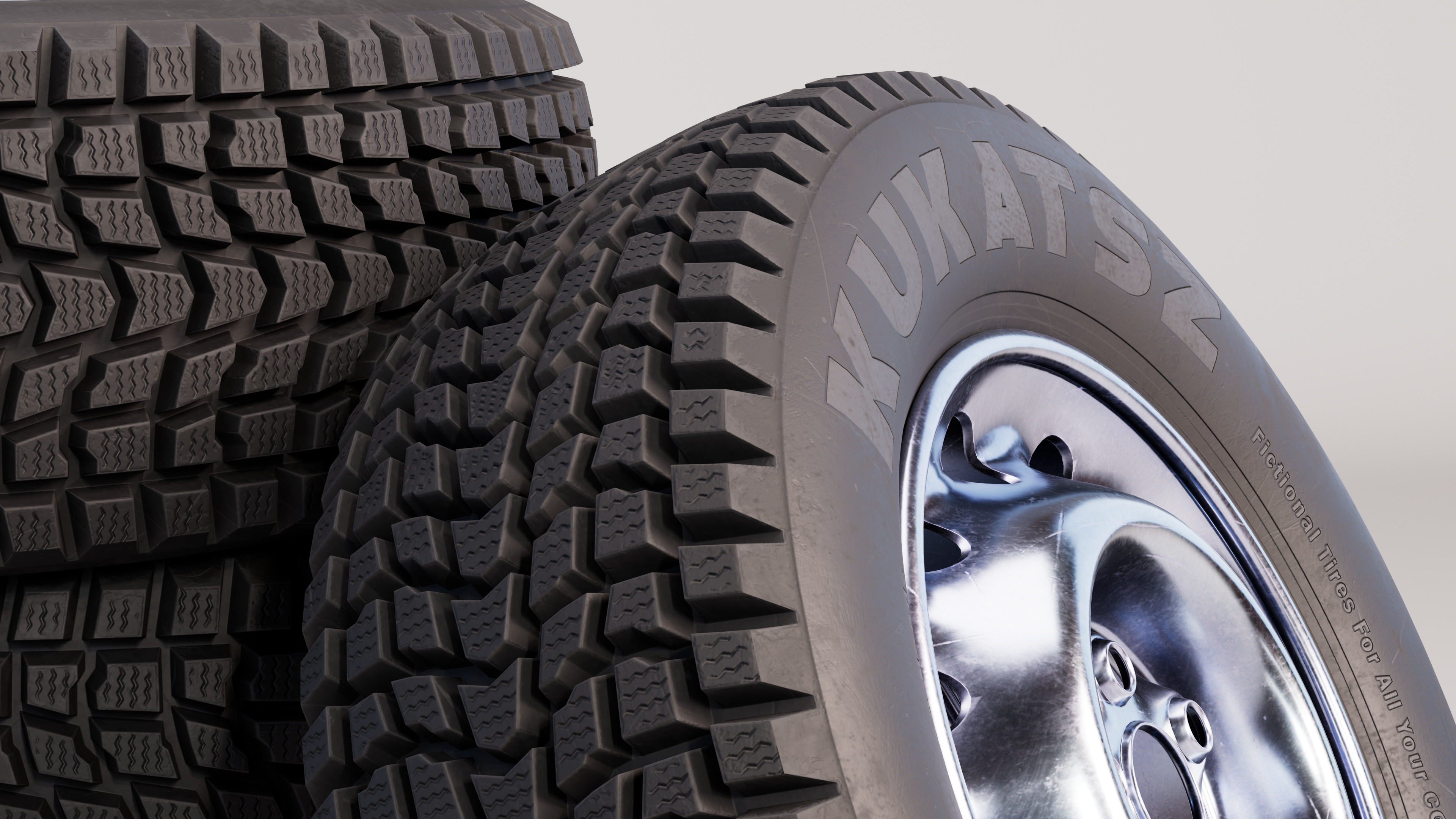 A closeup of the tire's treads.  One of my goals with this assignment was to streamline the tread process by using believable textures for the fine details.