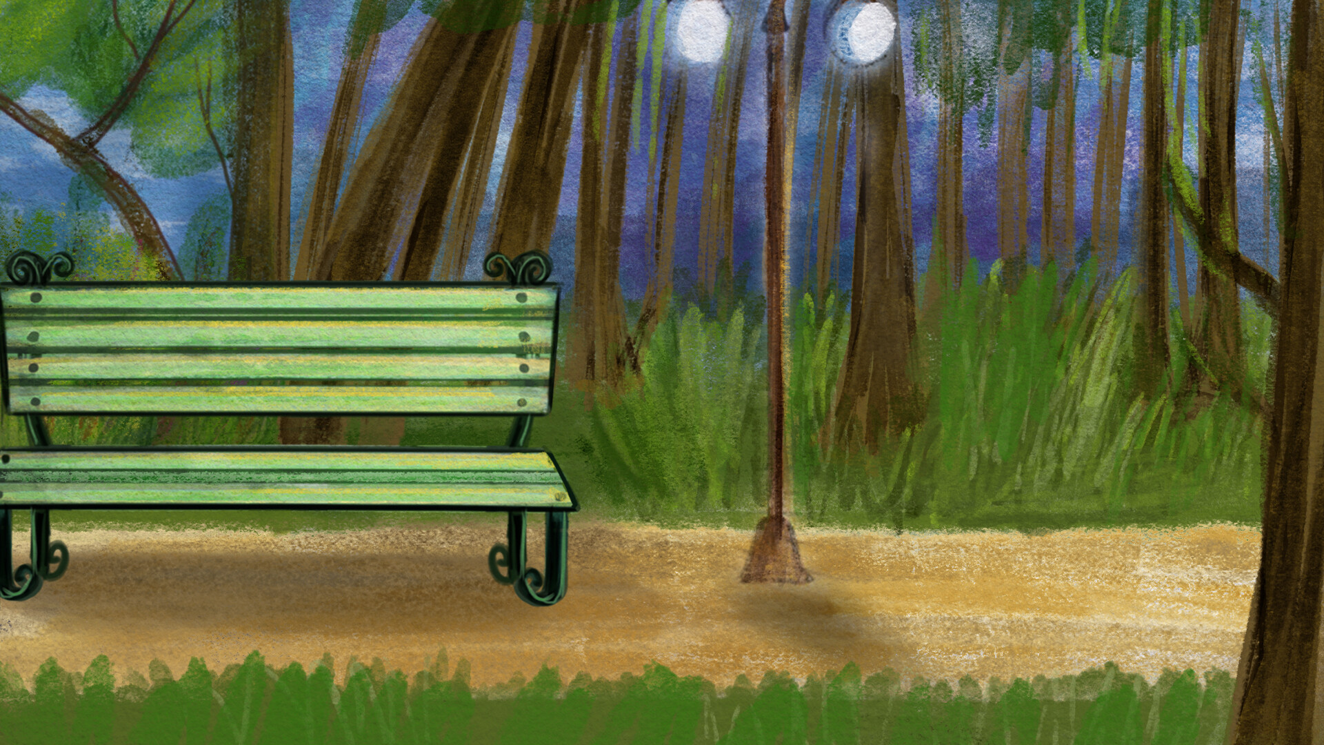 Visualize an anime girl sitting on a worn-out park bench in an abandoned