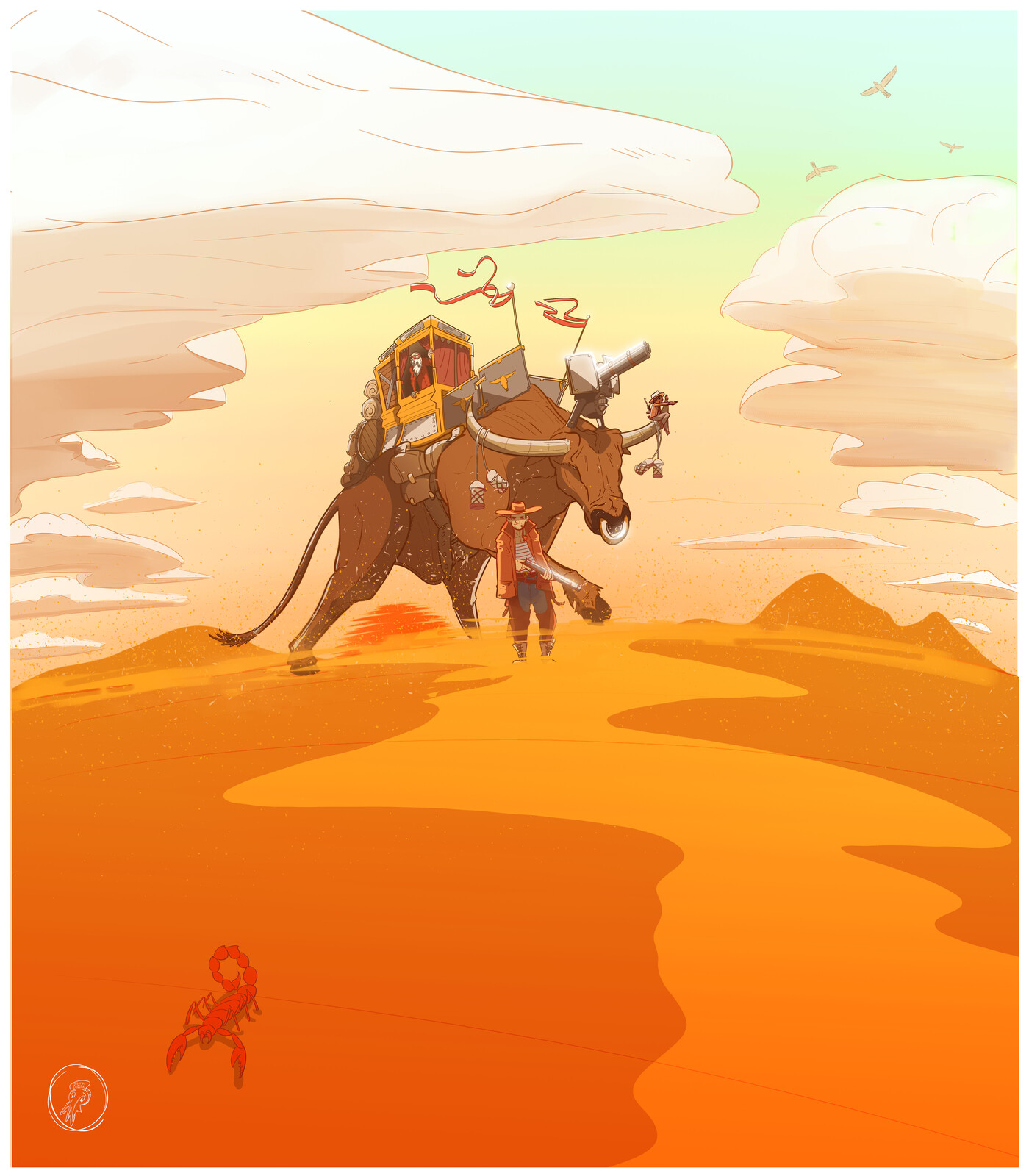 A band of three nomads. Four including their transportation.