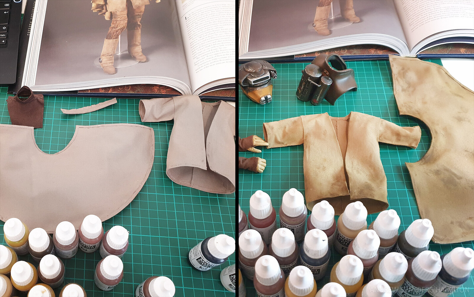 Acrylic airbrushing the clothing, working in layers of simulated sun bleach, dirt, oil, etc