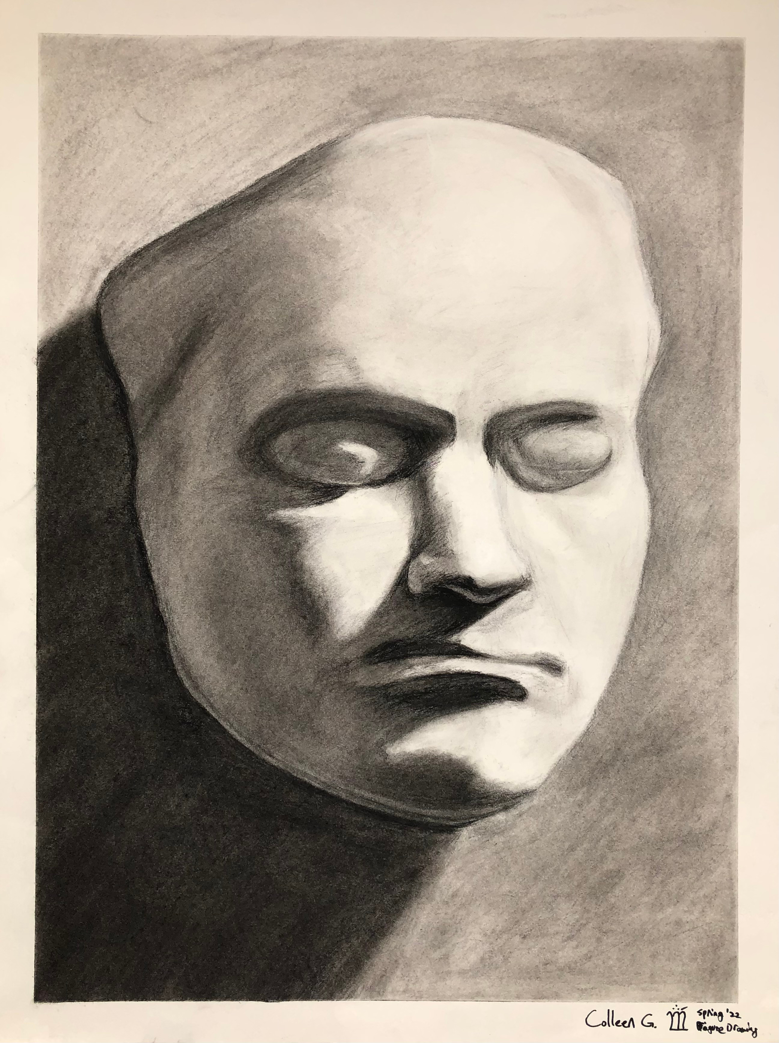 Beethoven's death mask. Charcoal on white paper.