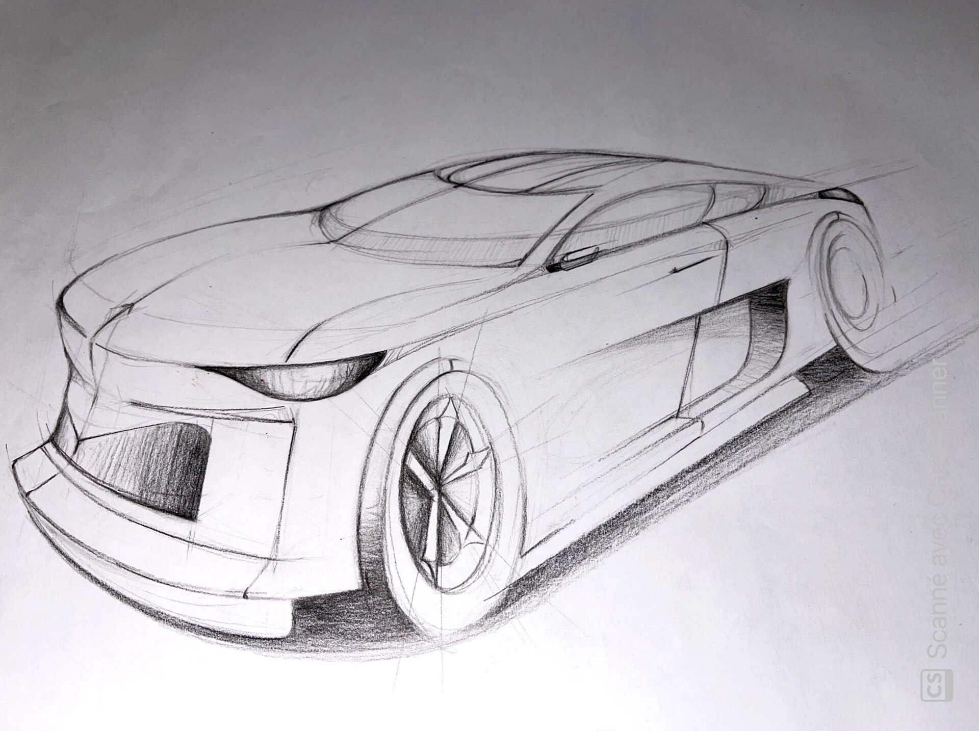 Sketch of a sharp-edged sports car with a spoiler on Craiyon