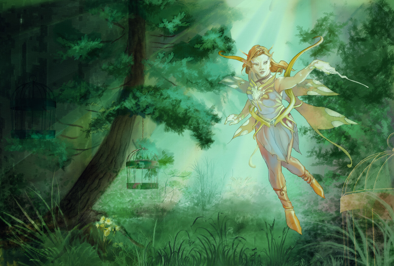 Environment concept  with fairy from a line drawing template, both painted by me.