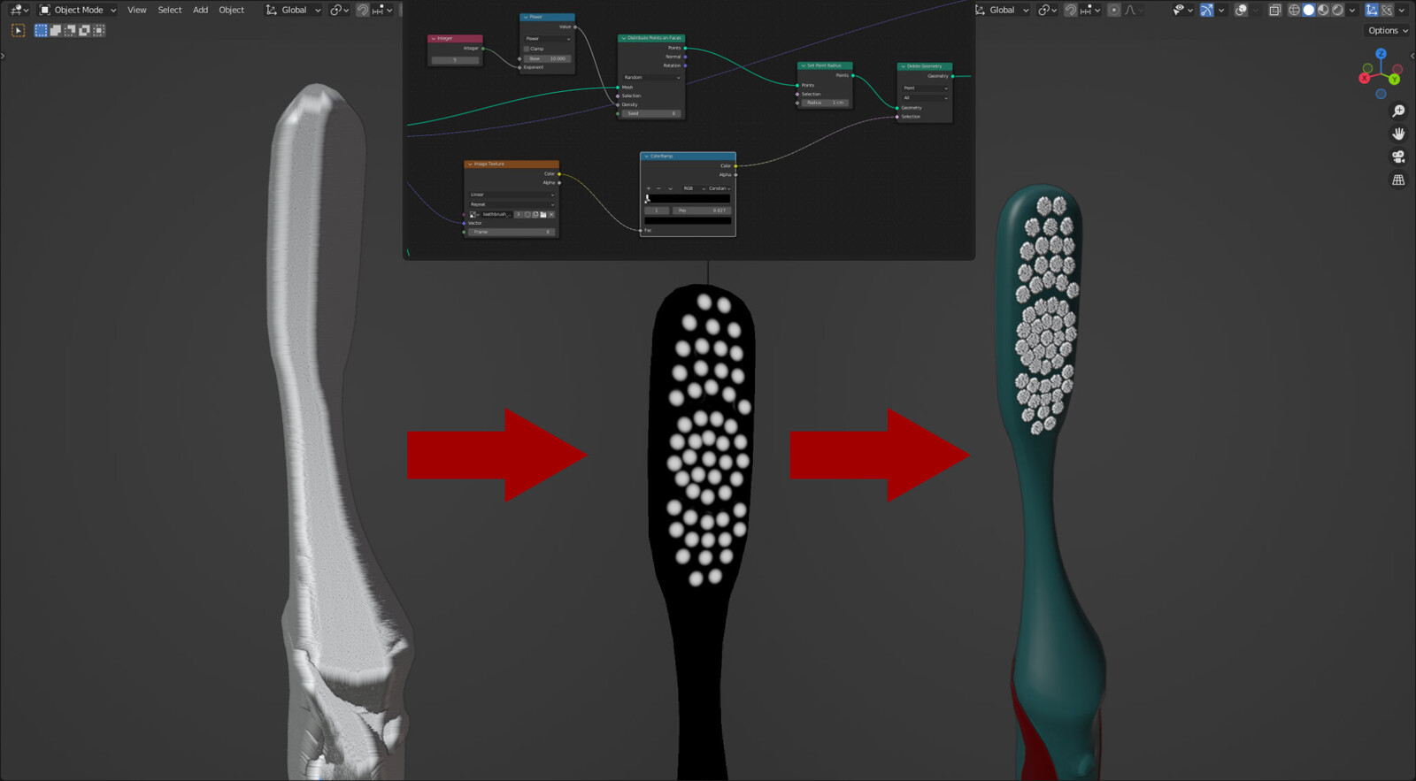 I distributed points in all the toothbrush's surface, and then used a image texture I painted before as mask for deleting all the points I'm not interested in. (could have used it as Point Distribute density multiplier, but was less efficient)