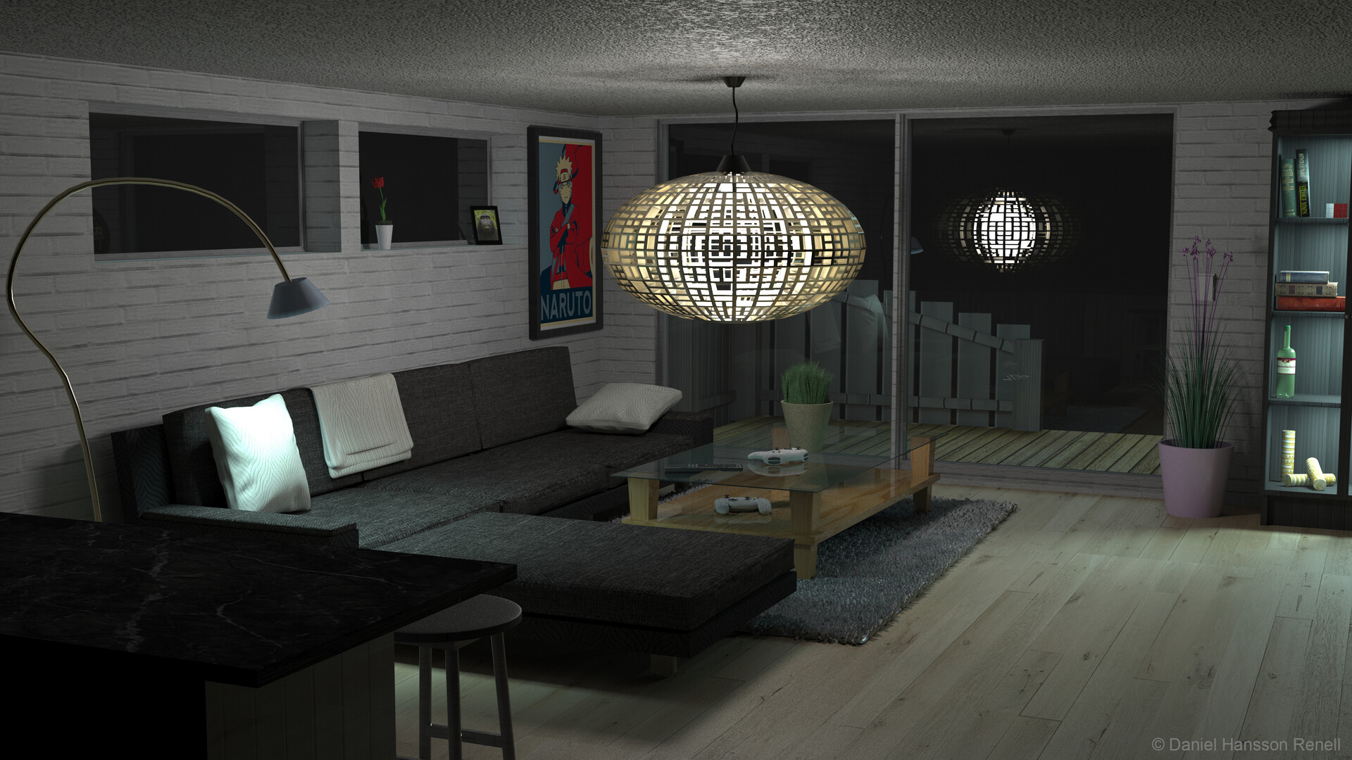 ArtStation Night time living room scene.