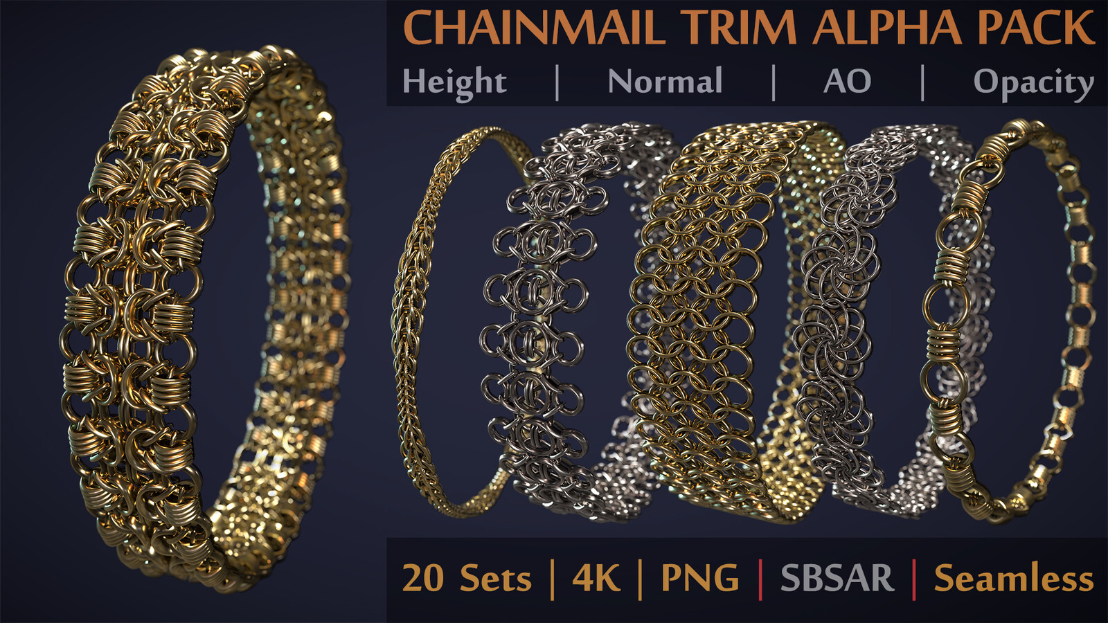 Hemase Chainmail Trims Alpha Pack | PNG | 4K | +SBSAR | 20 Alpha Set