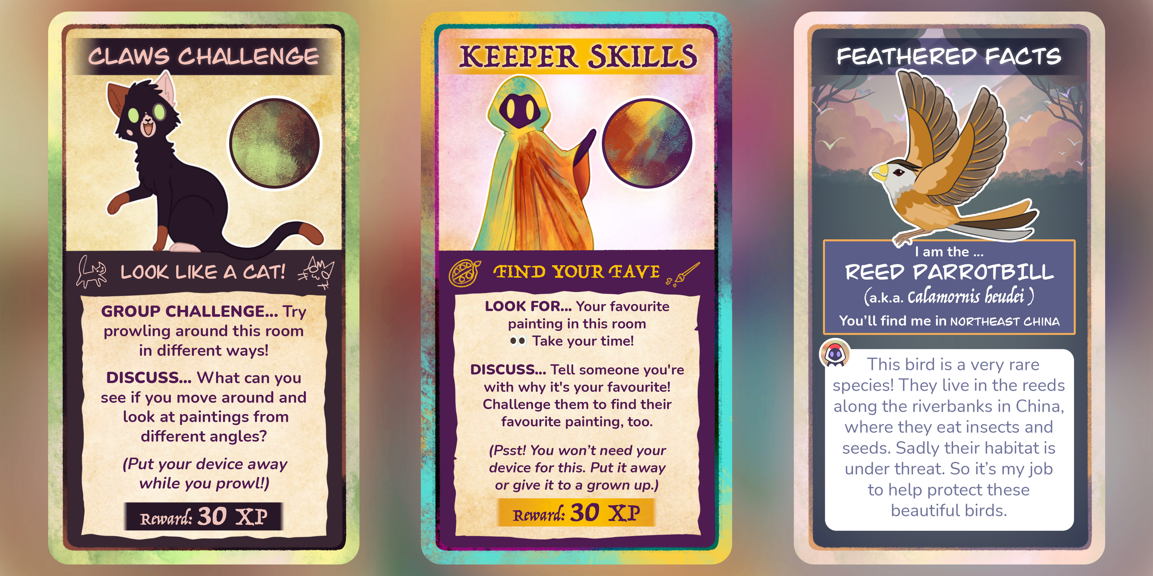 Examples of 'Keeper Skills', ' Feathered Facts' and 'Claws Challenge' cards.