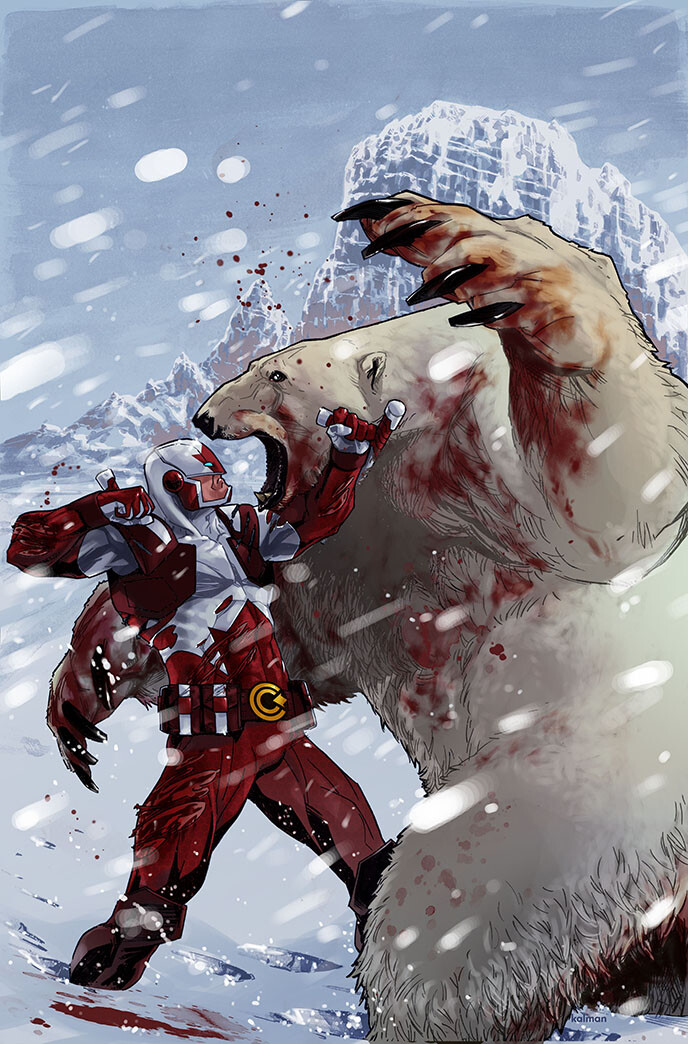 Cover art for Captain Canuck issue 4. There are some bloodless versions circulating, but this is the real deal.