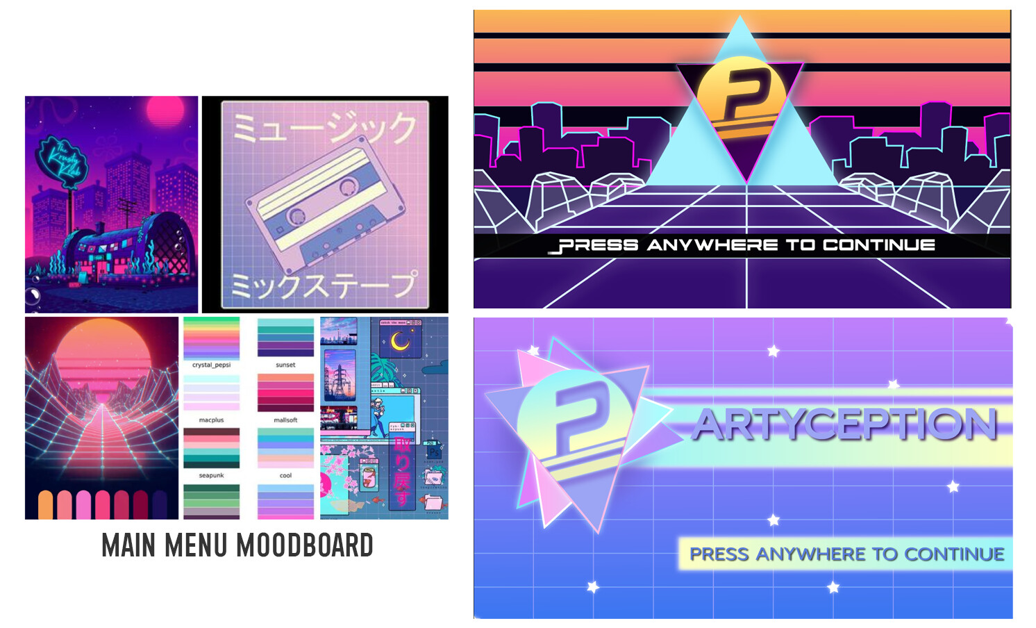 Concept Art: Two versions of a main menu screen I created. On the left side is a moodboard that inspired the different versions of Vaporwave. Vaporwave has several different styles as depicted in the moodboard to the left. 
