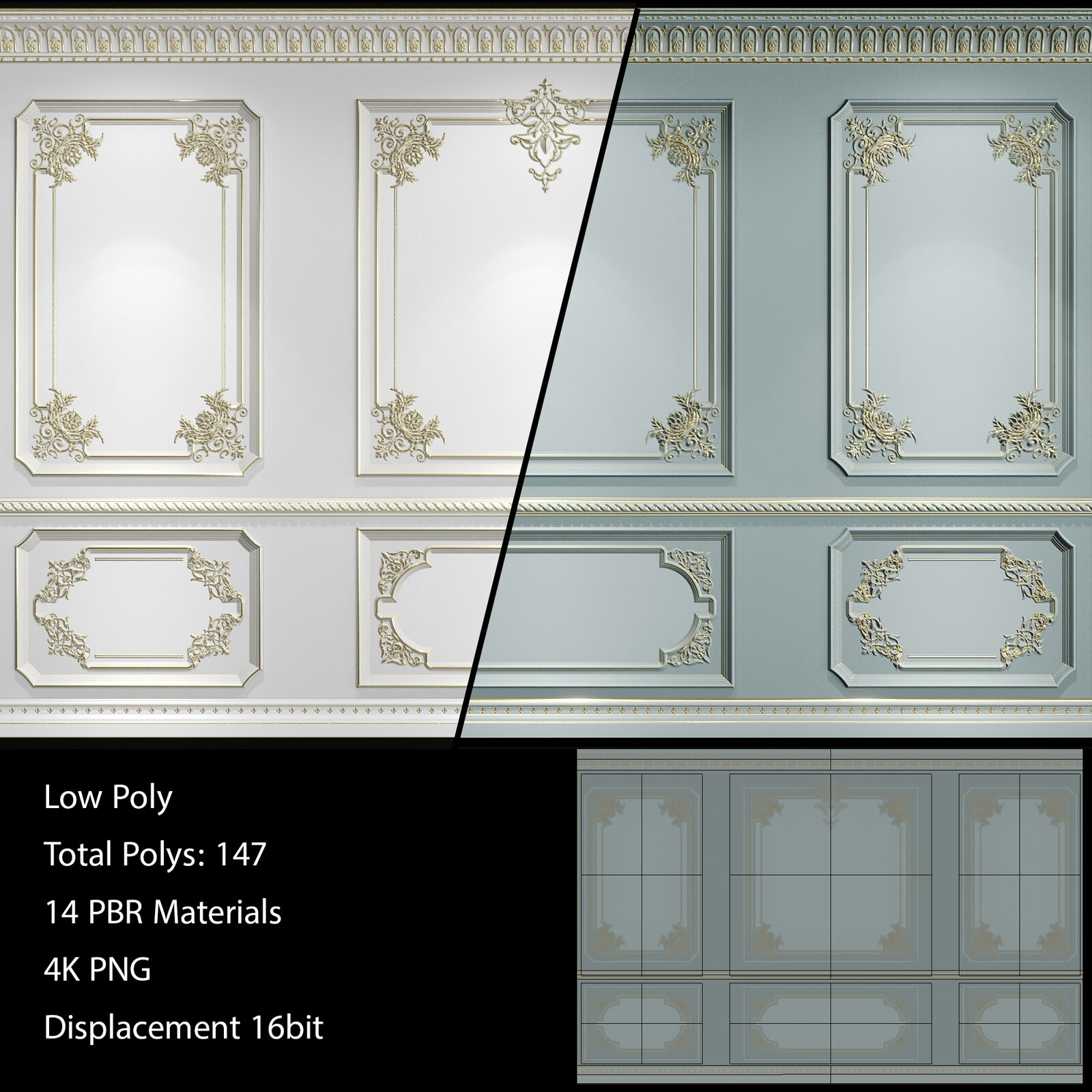 HQ Lowpoly Wall Molding | 2 Sets | 14 PBR Material | 4K
