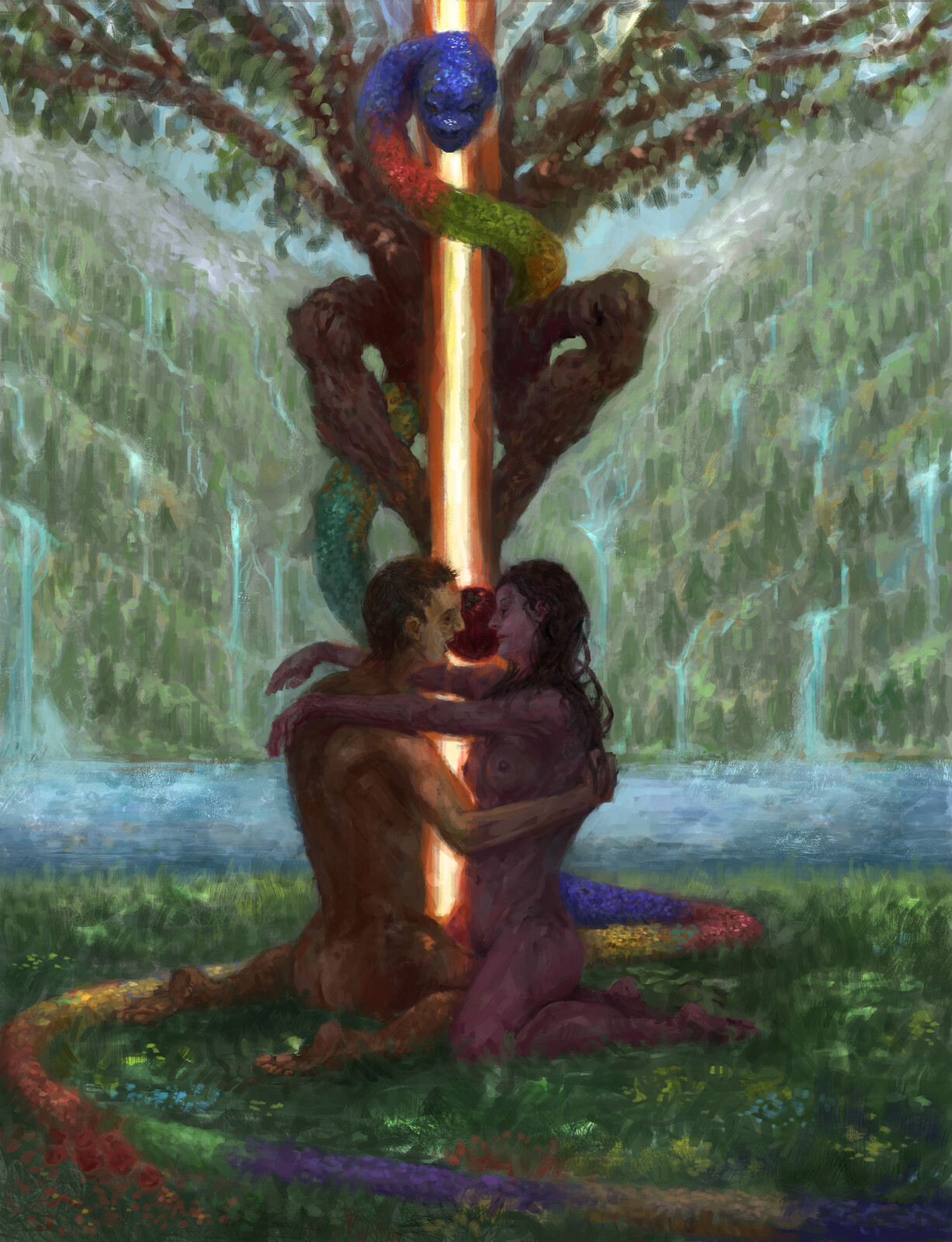 "Of Man's first disobedience, and the fruit
Of that forbidden tree whose mortal taste
Brought death into the World, and all our woe,
With loss of Eden, till one greater Man,
Restore us, and regain the blissful seat"