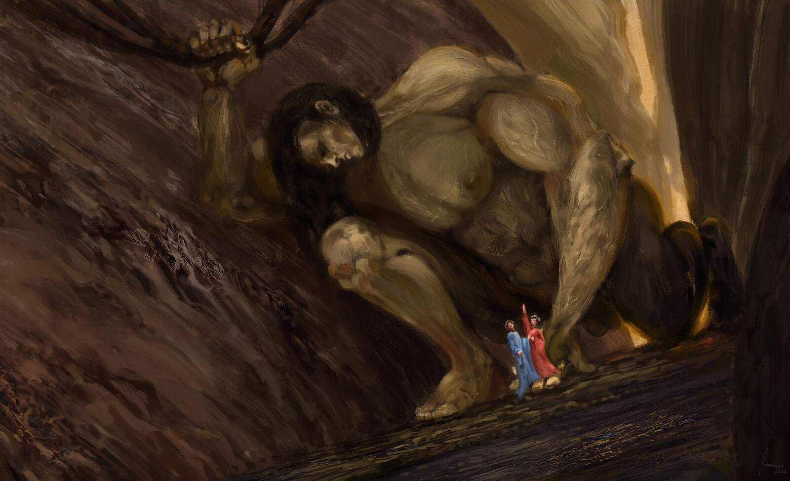 Antaeus gently lowers Virgil and Dante into the final circle of Hell