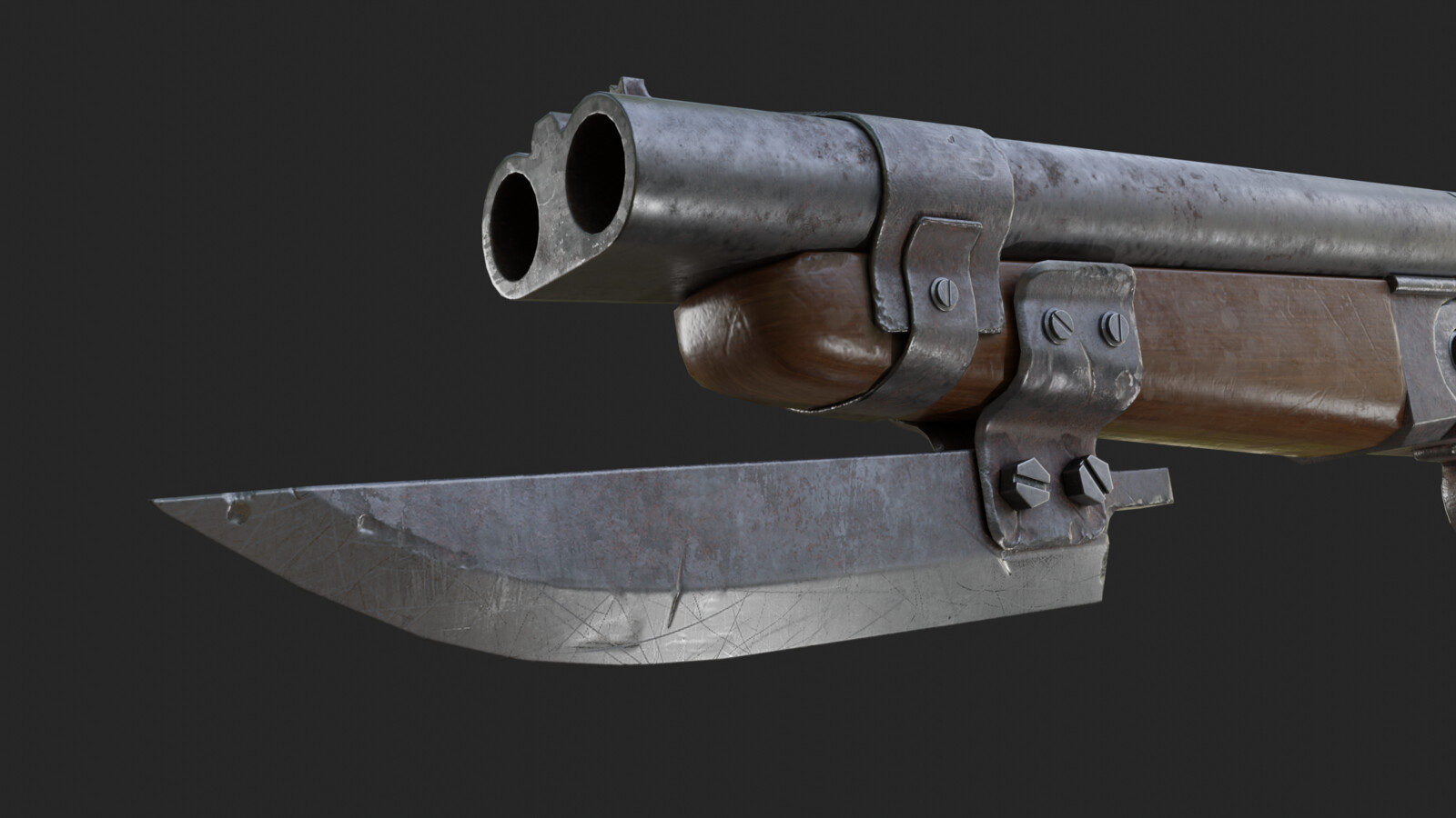 Bayonet attachment is my own design. Just large knife bolted on the gun. Tried to make look as  "mean" as possible.