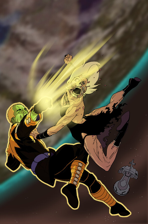 Cover art for R.E.B.E.L.S. issue 11. I got to design Vril Dox's Yellow Lantern uniform.