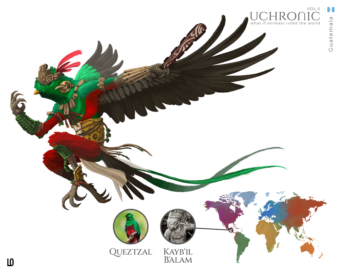 Guatemala , Kayb’il B’alam, Mayan king, from the Aquita dinasty. With a very special animal from there, the majestic Quetzal.