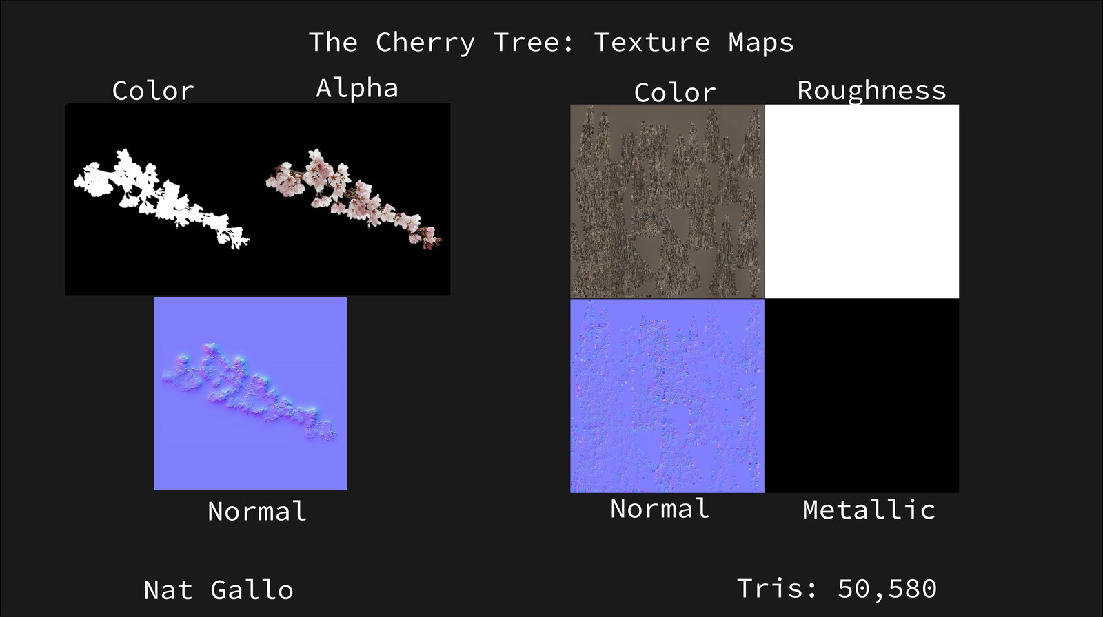Texture maps for the blossoms (left) and trunk (right) of the cherry tree asset