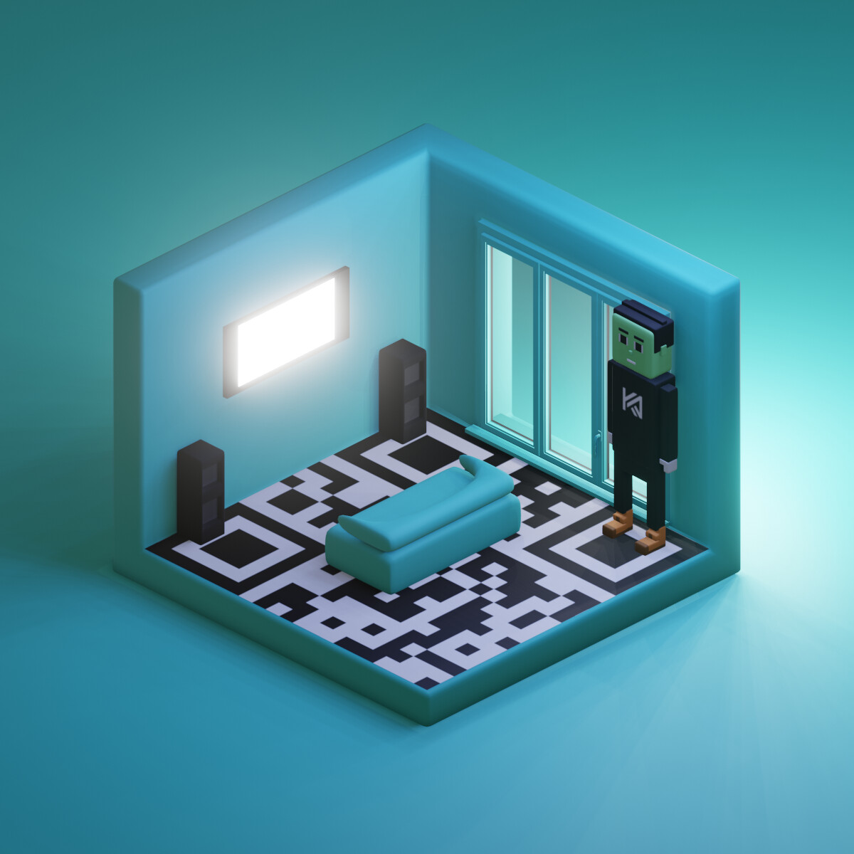 Artstation 3d nft art design isometric room with voxel character