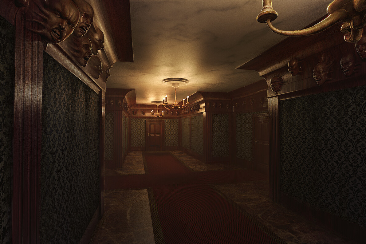 The Leering Ones
A cruciform corridor with faces sculpted in the wood ornaments that get alive when you are in and start to move and scream raising your crazyness.