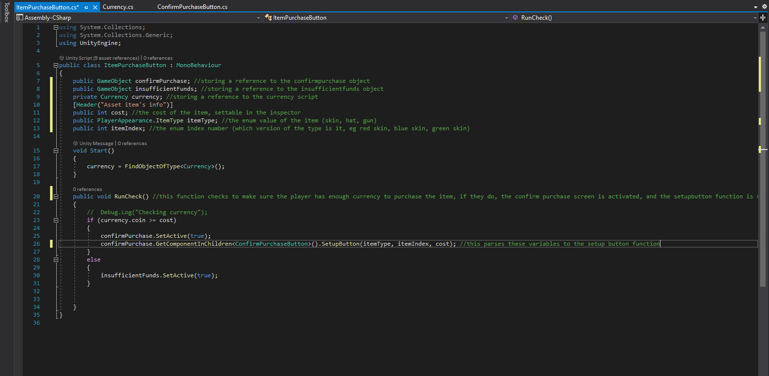 This script runs the purchase button for each item in the store. The information is set in the inspector for each item, and it runs a check on the player's currency, and if the player has enough, sends the item information to the confirm purchase script.