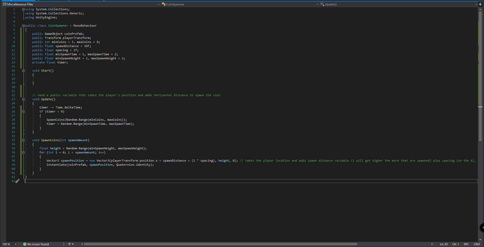 This script runs spawning the coin collectible in the game level. The height variable coding has since been updated to work in line with the platform it spawns with.