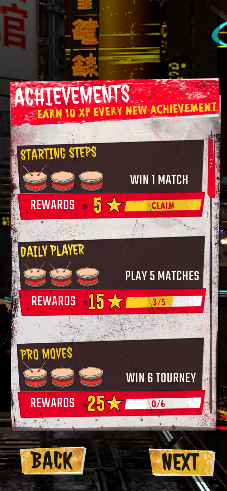 Achievements screen wherein drums were used instead of stars like regular games to blend the UI with the theme of the game.  