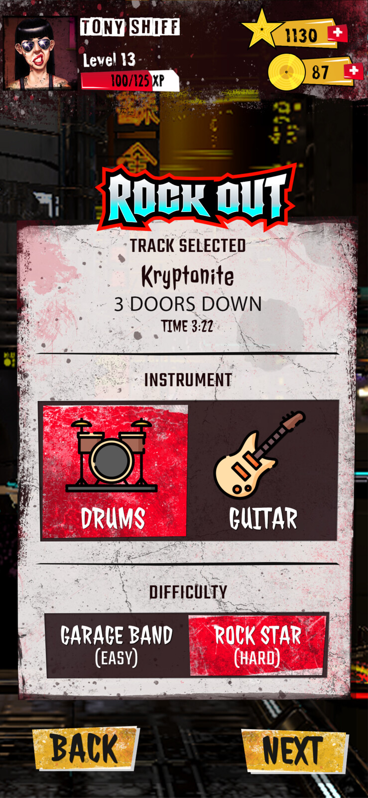 Instrument Selection and Difficulty Selection Screen 